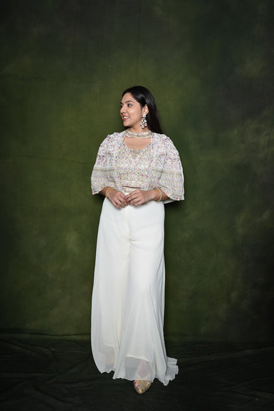 Embellished White Crop Top Palazzo Set