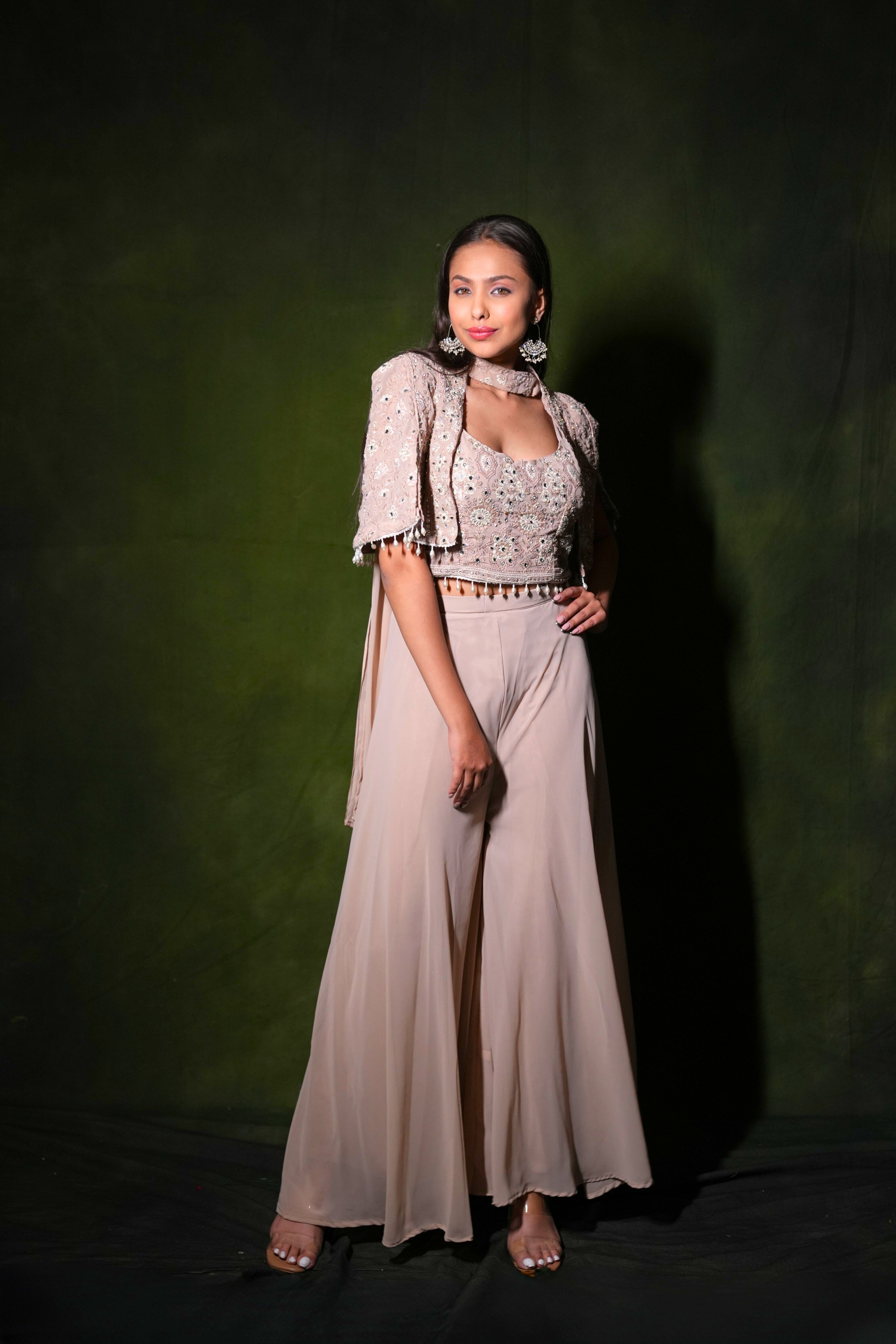 Embellished Beige Crop Top Palazzo Set RAADVI