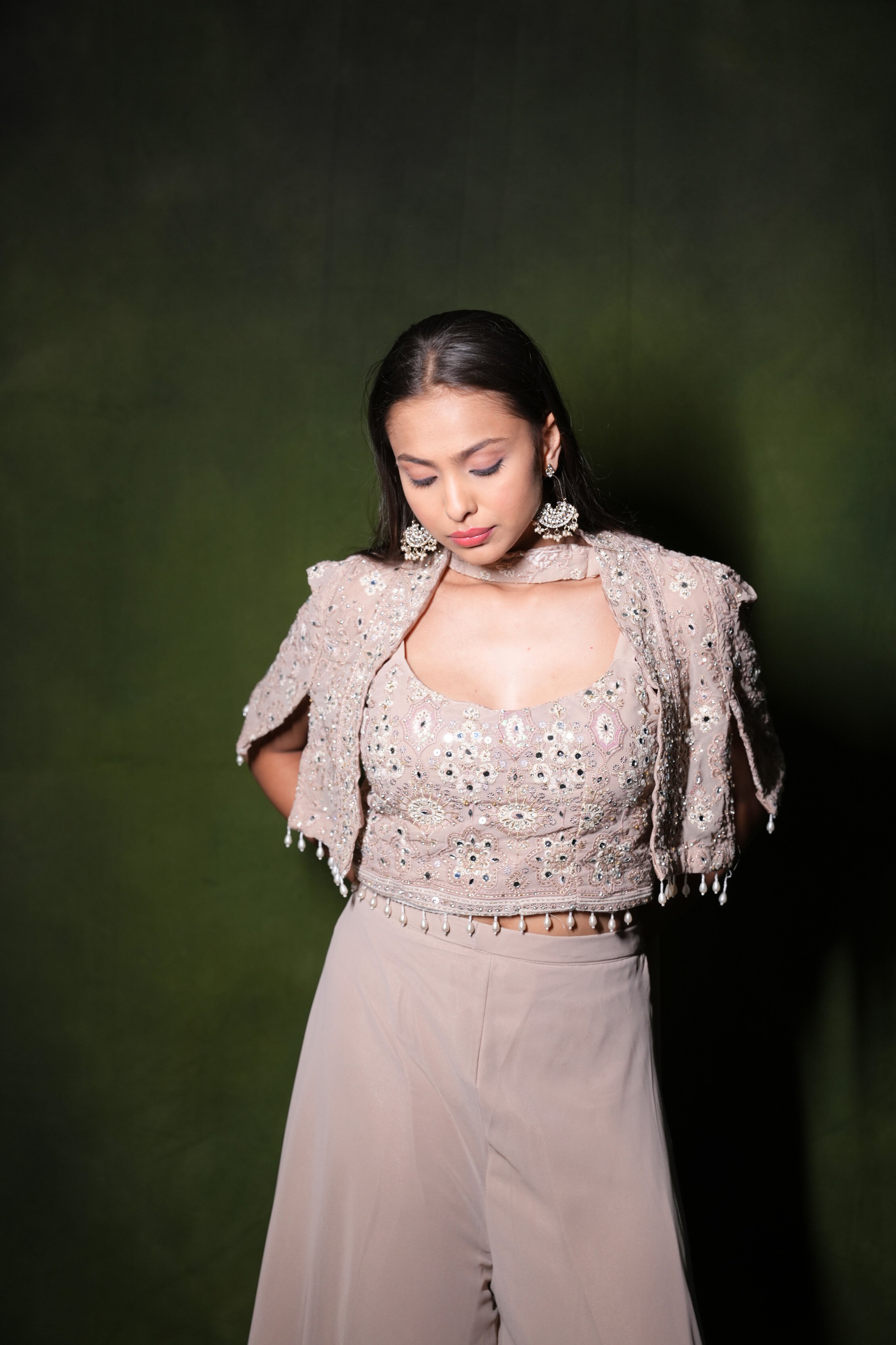 Embellished Beige Crop Top Palazzo Set RAADVI
