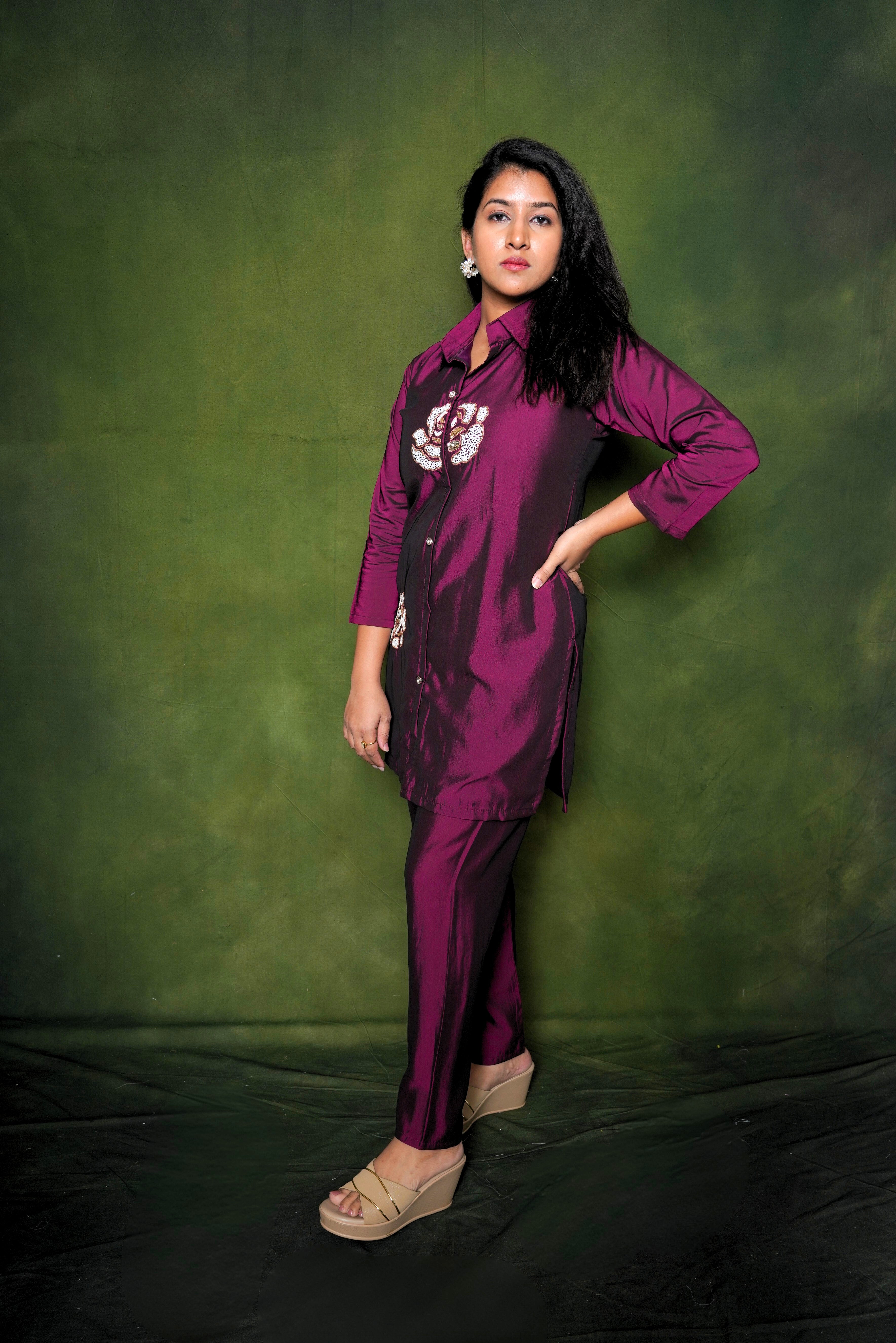 Embellished Maroon Roman Silk Co-Ord Set RAADVI