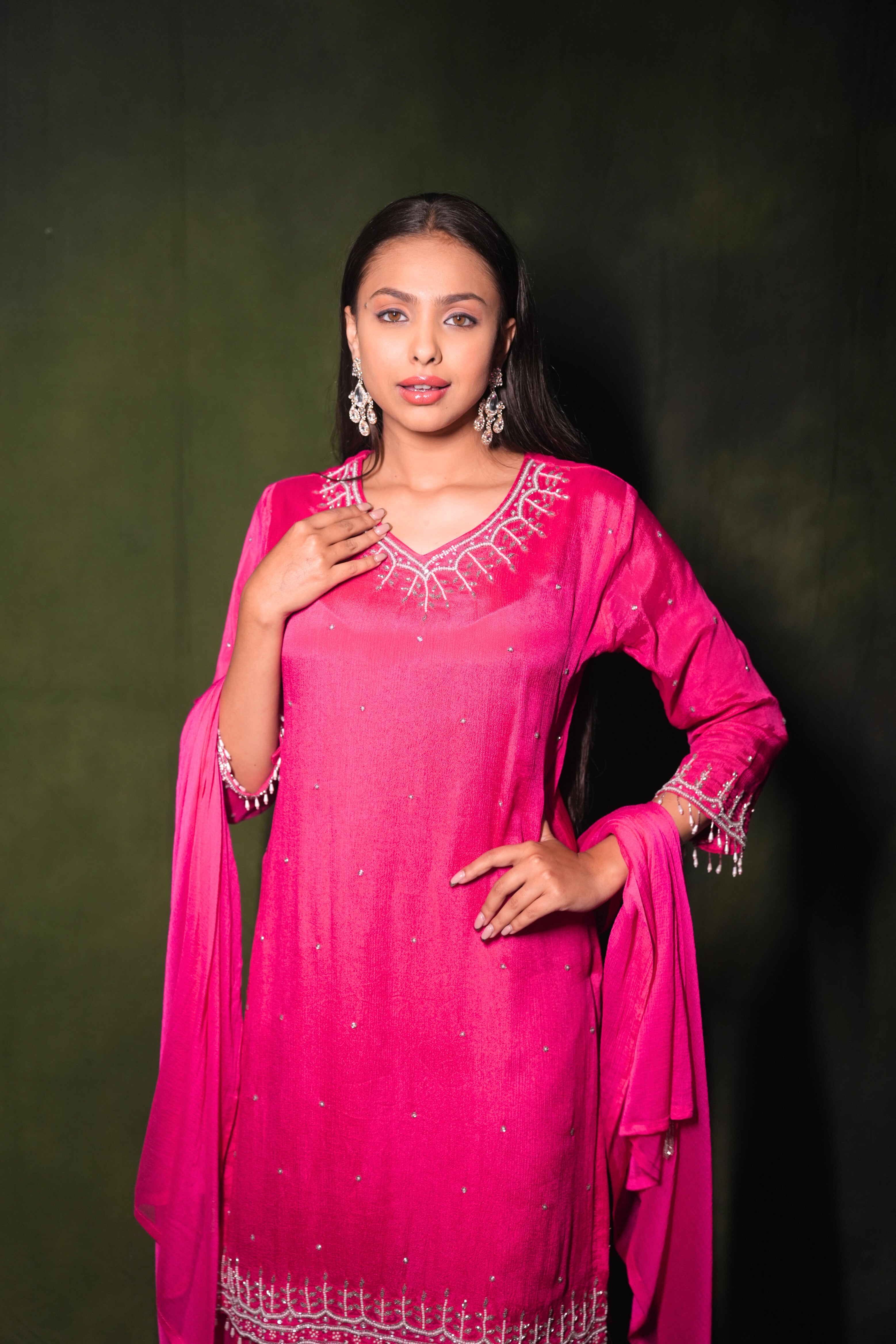 Embelished Pink Pure Chiffon Kurta Palazzo Suit RAADVI