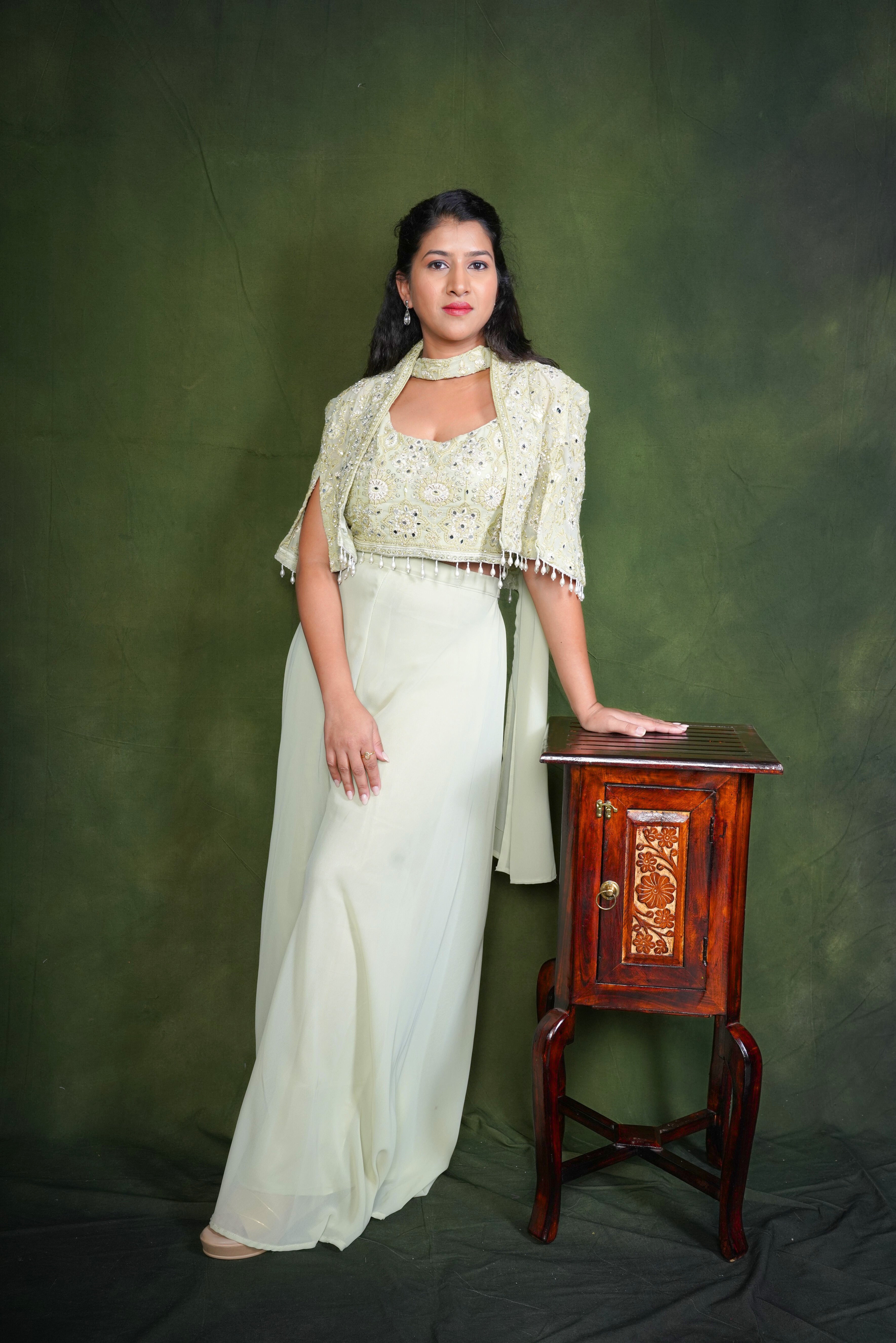 Embellished Light Green Crop Top Palazzo Set RAADVI