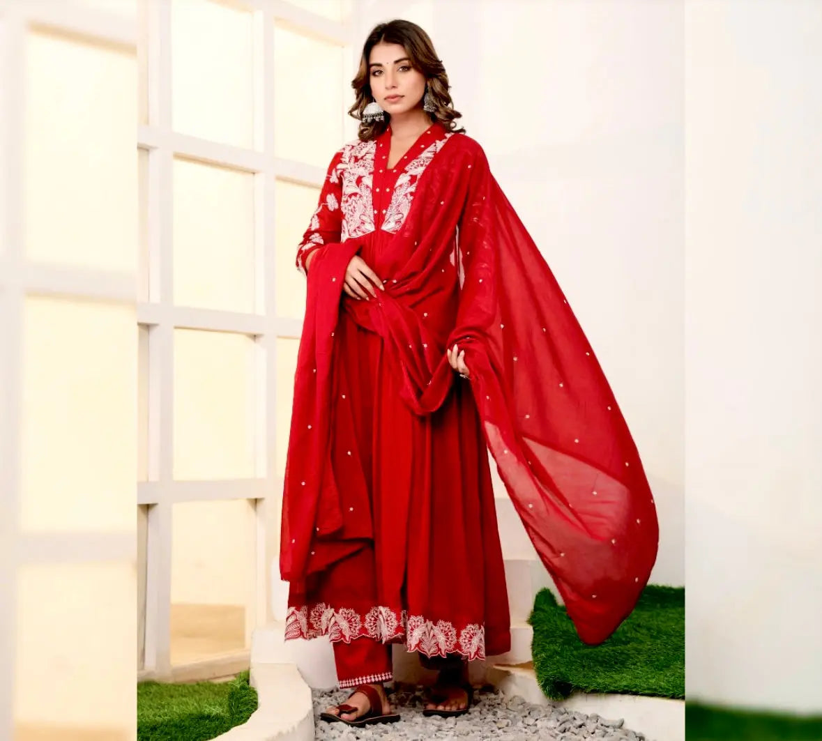 Red & Pink Embroidered Mul Cotton Suit Set RAADVI