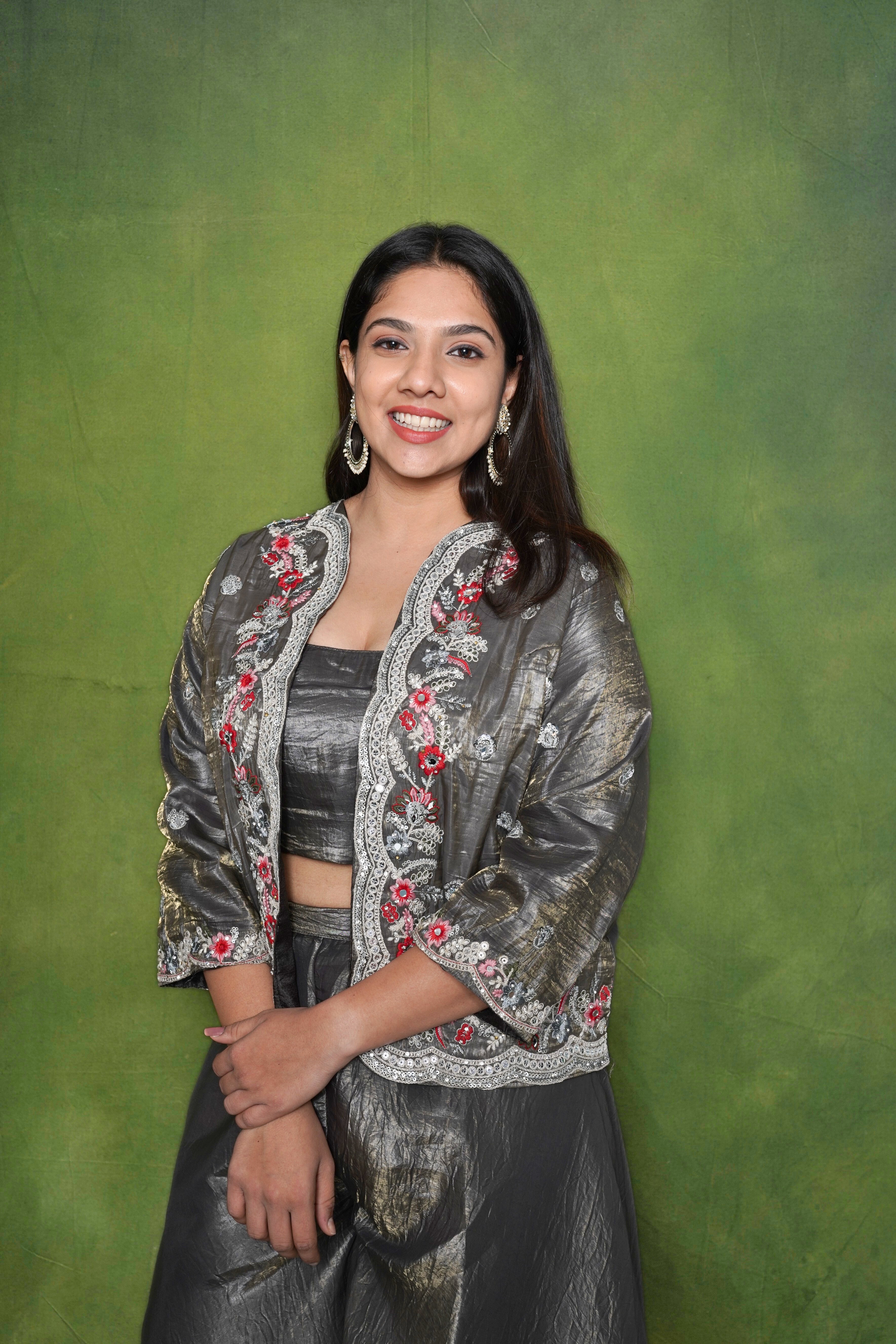 Embellished Gray Roman Silk Crop Top Palazzo Set RAADVI