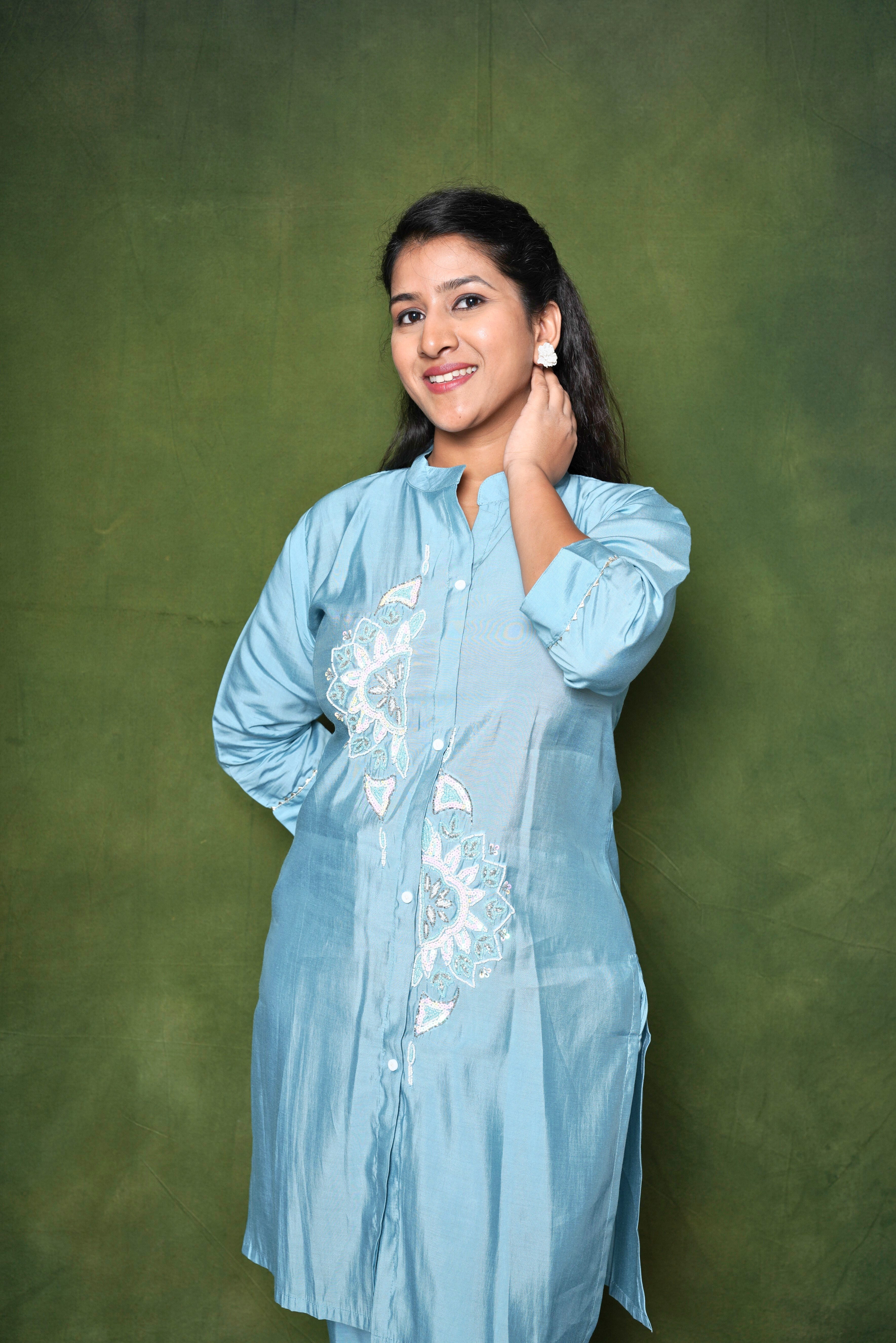 Embellished Blue Roman Silk Co-Ord RAADVI