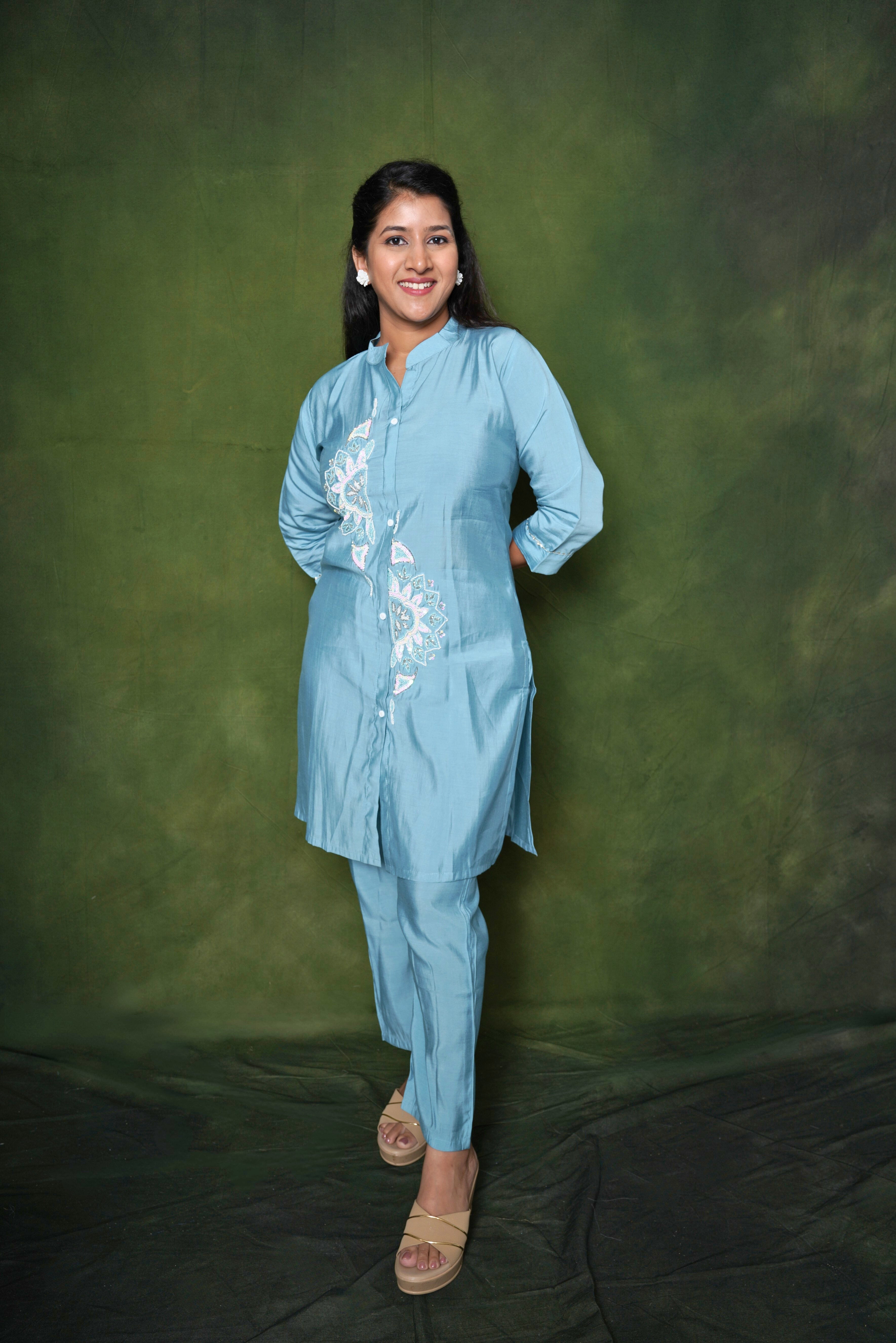 Embellished Blue Roman Silk Co-Ord RAADVI