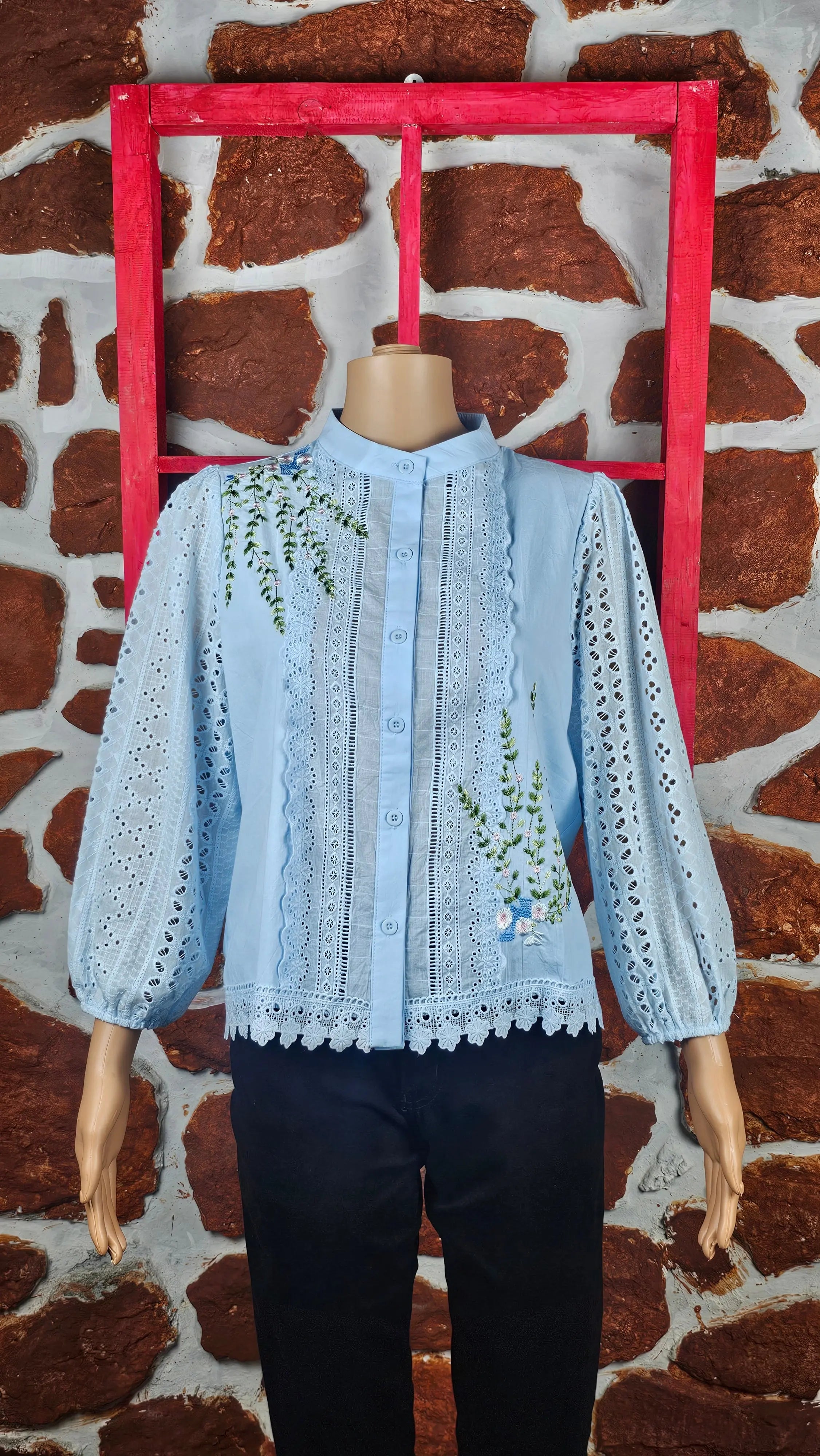 Sky Blue Lace Embroidered Cotton Top RAADVI