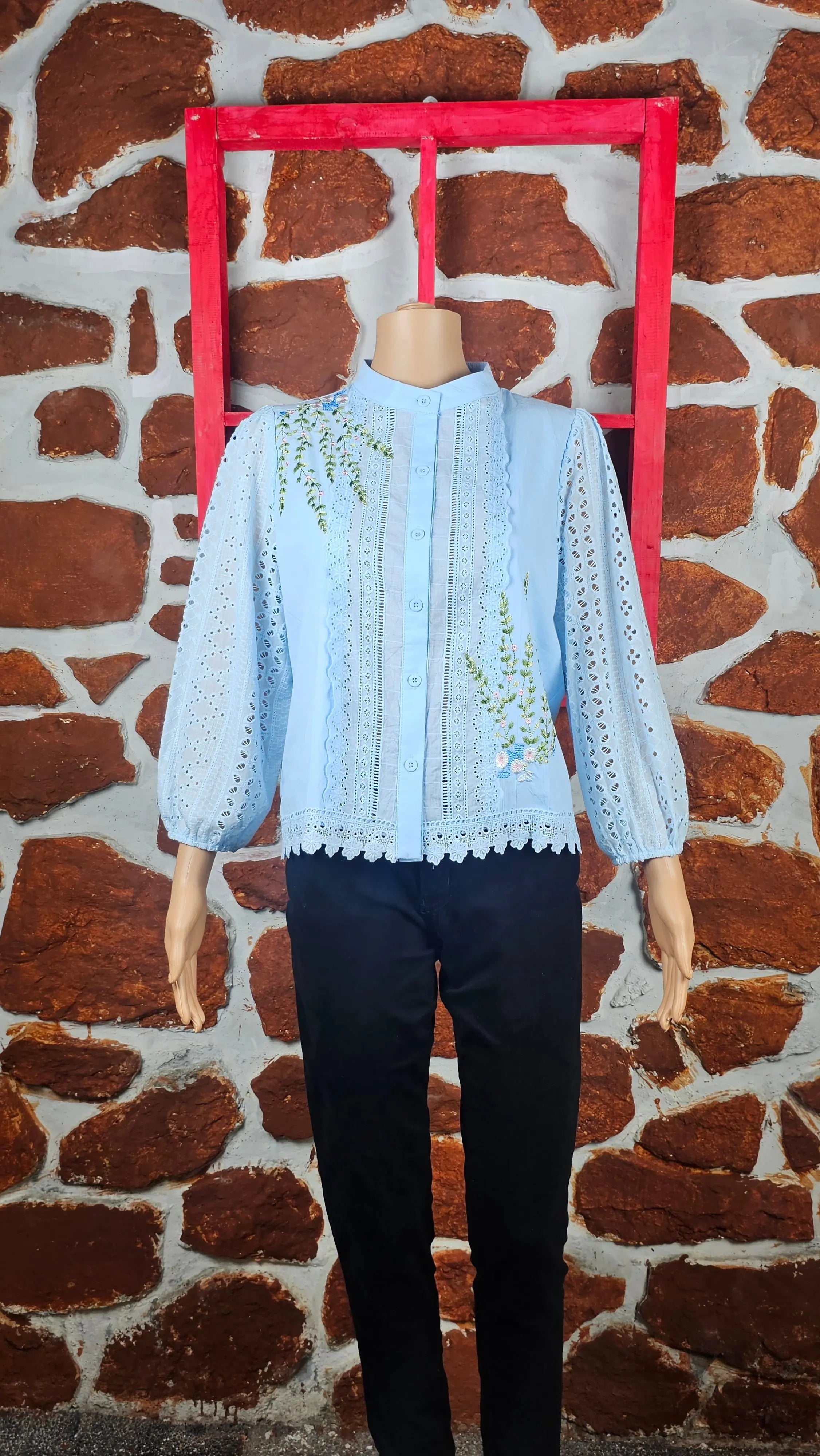 Sky Blue Lace Embroidered Cotton Top RAADVI
