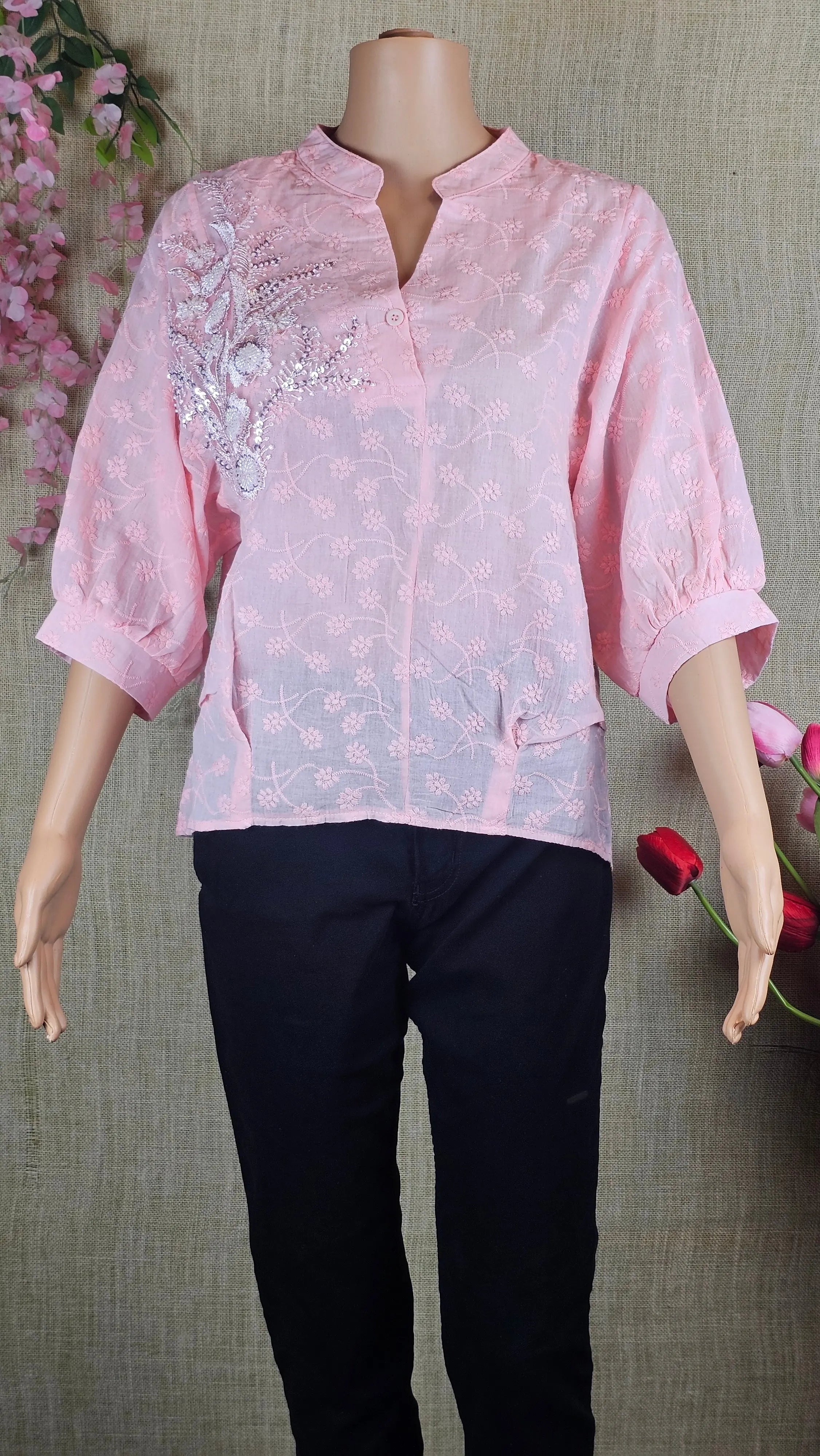 Pink Floral Embroidery Chikankari Style Top RAADVI