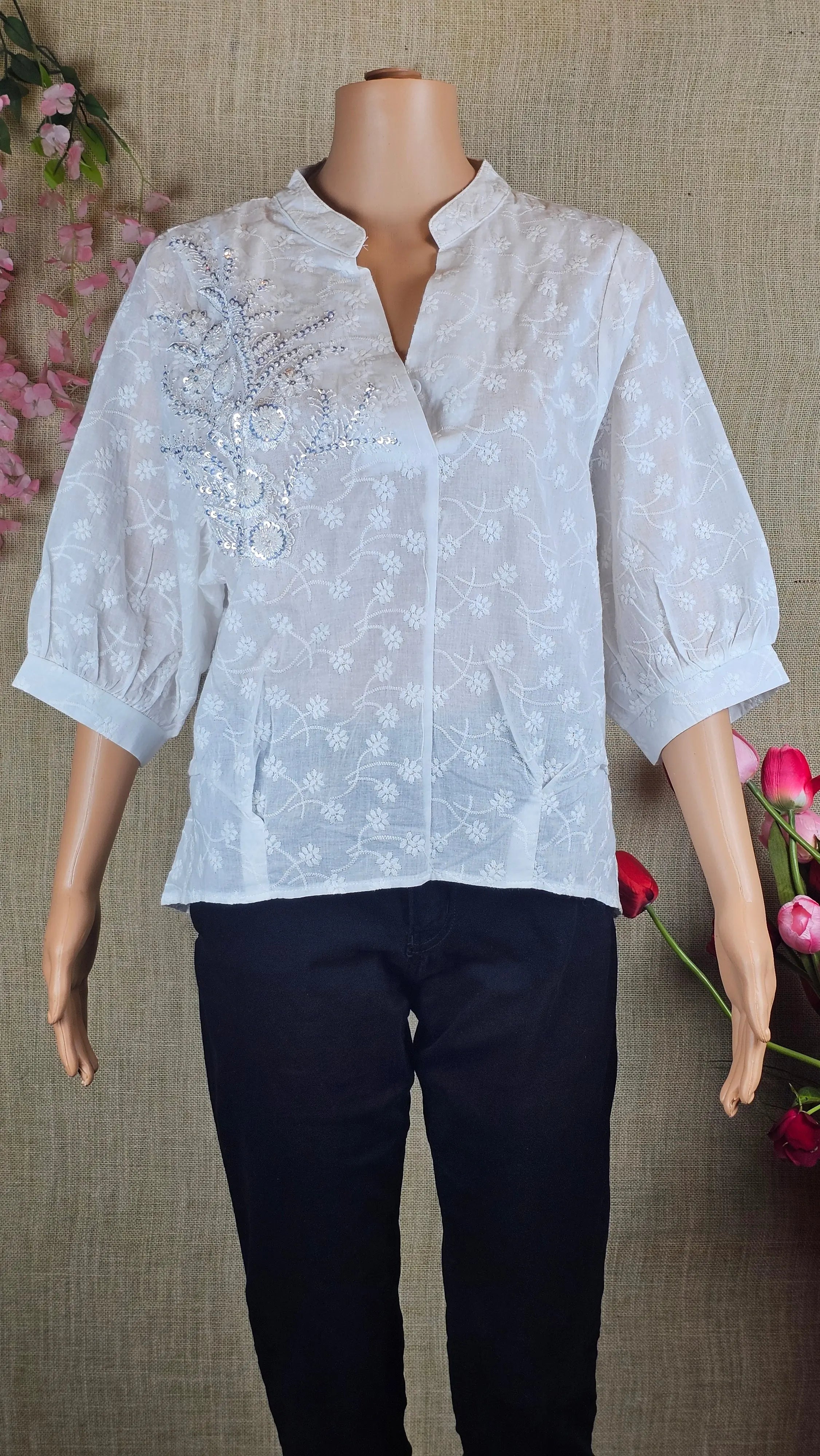 White Floral Embroidery Chikankari Style Top RAADVI