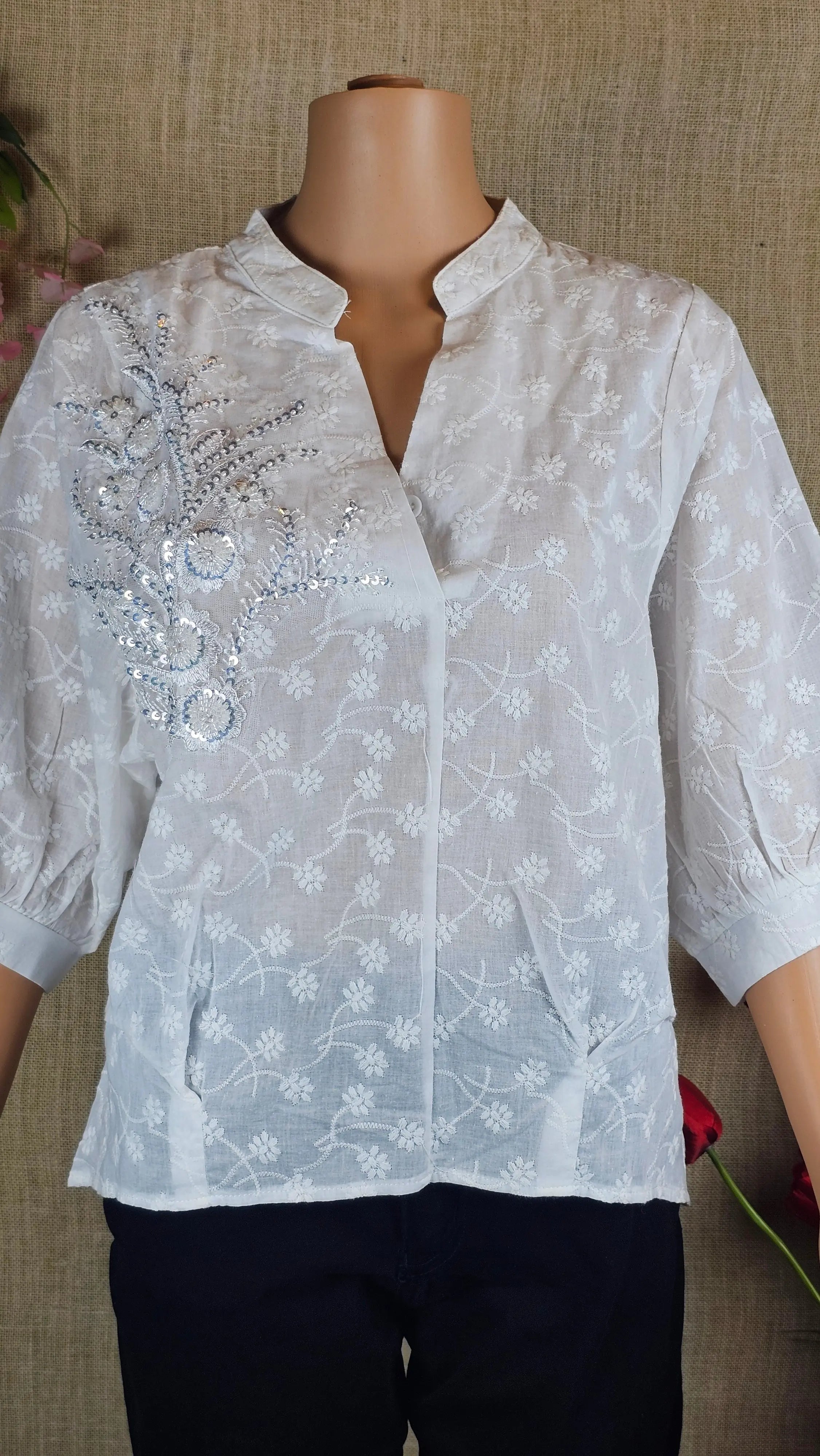 White Floral Embroidery Chikankari Style Top RAADVI