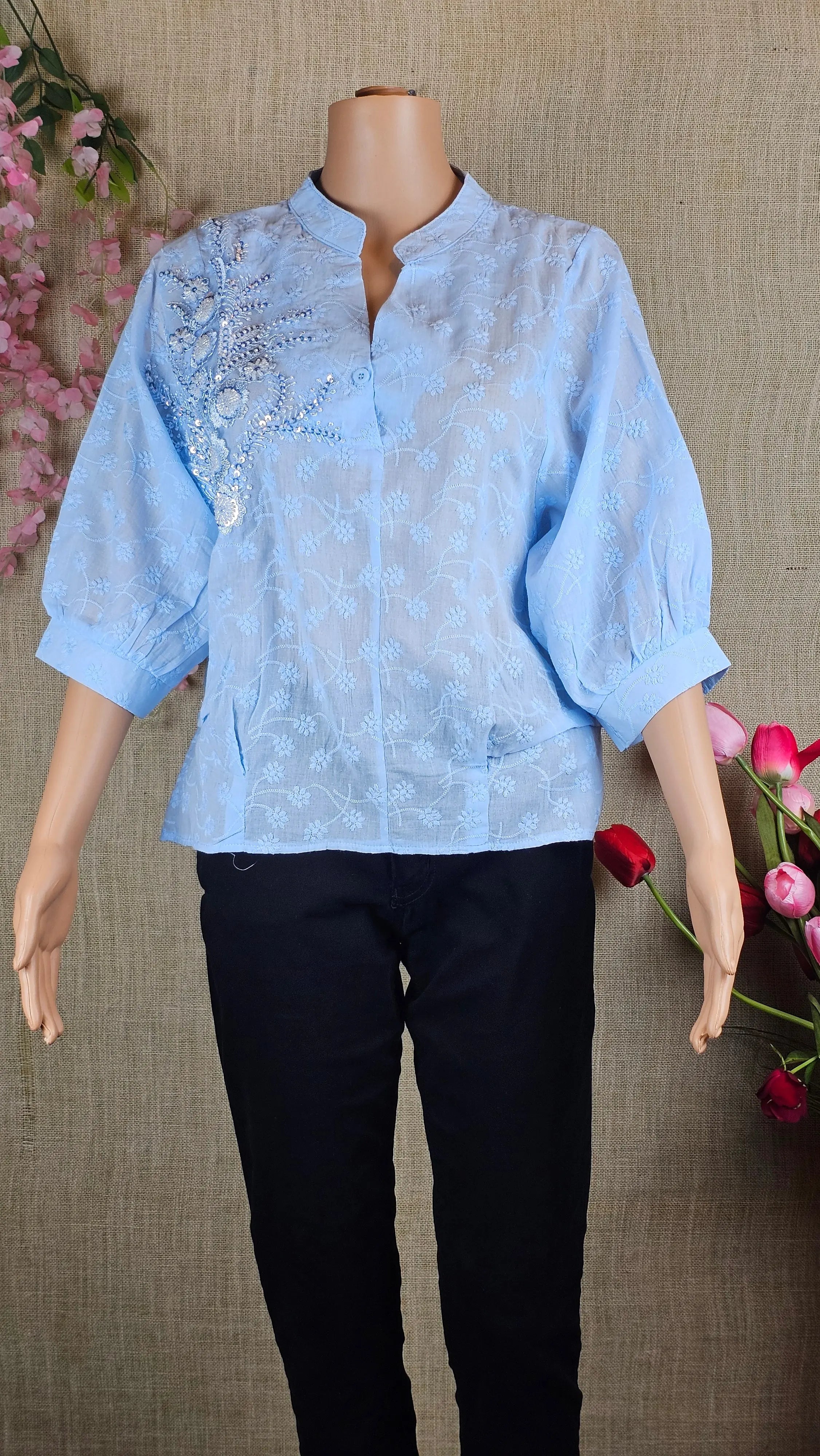 Blue Floral Embroidery Chikankari Style Top RAADVI