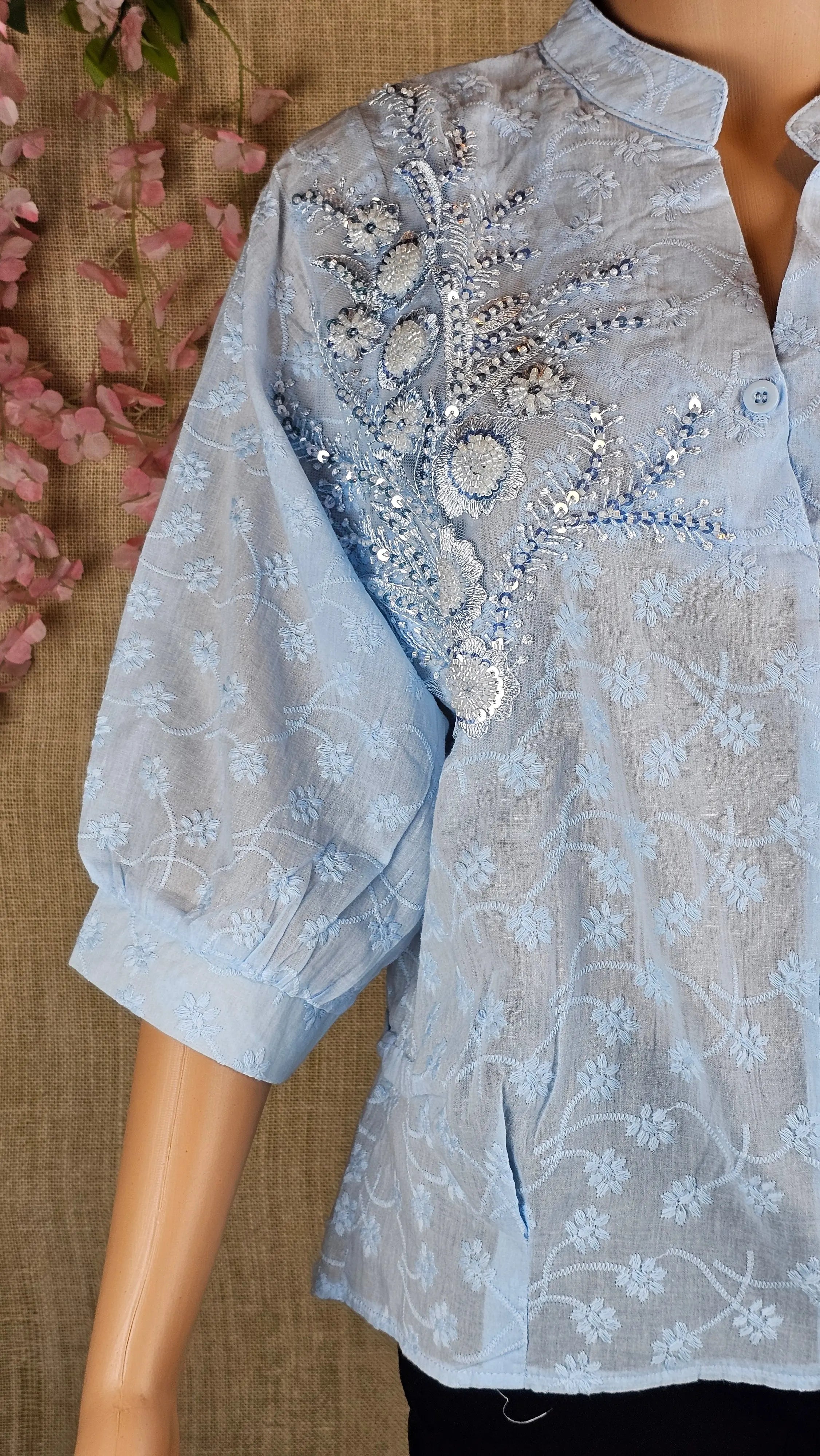 Blue Floral Embroidery Chikankari Style Top RAADVI