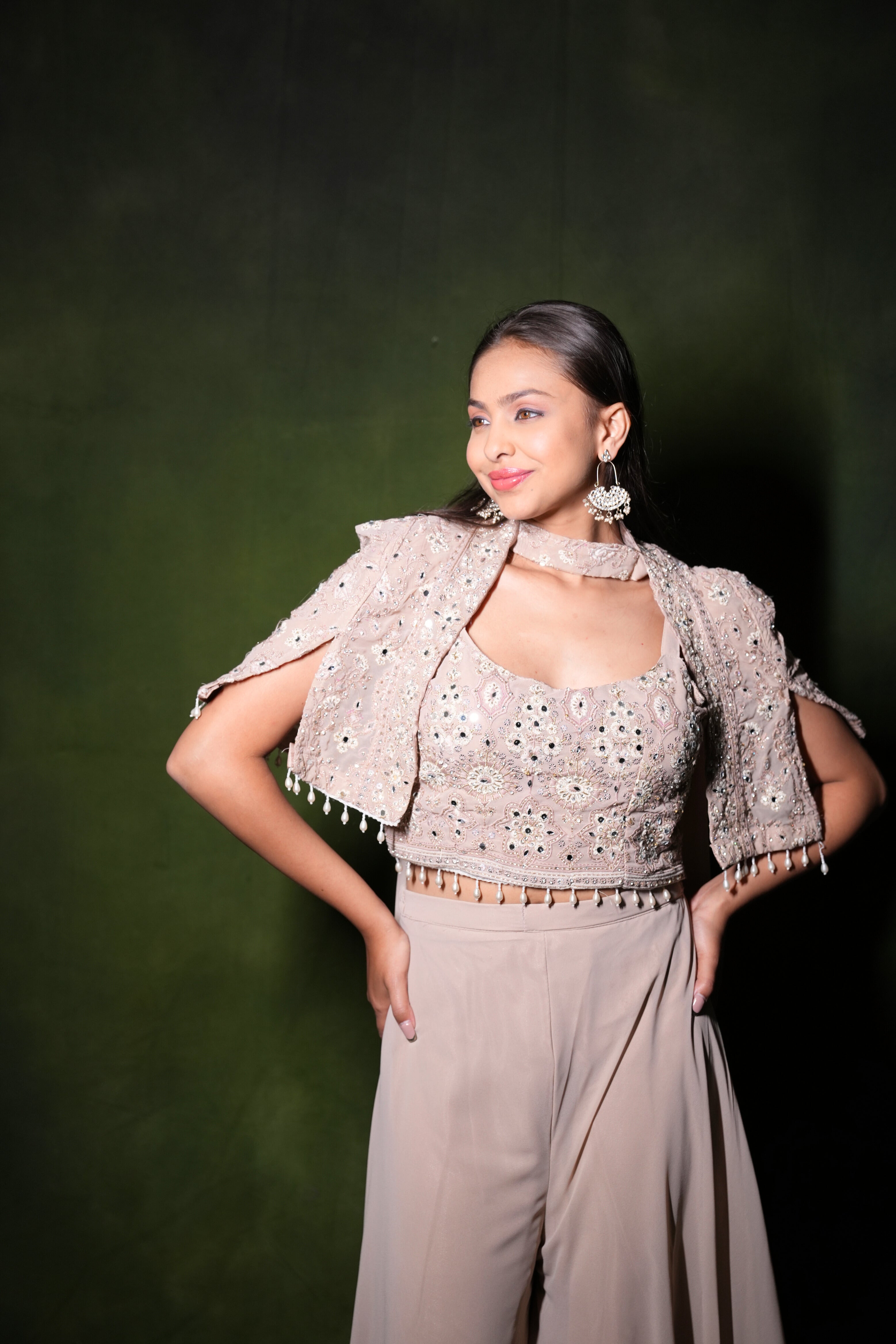 Embellished Beige Crop Top Palazzo Set RAADVI