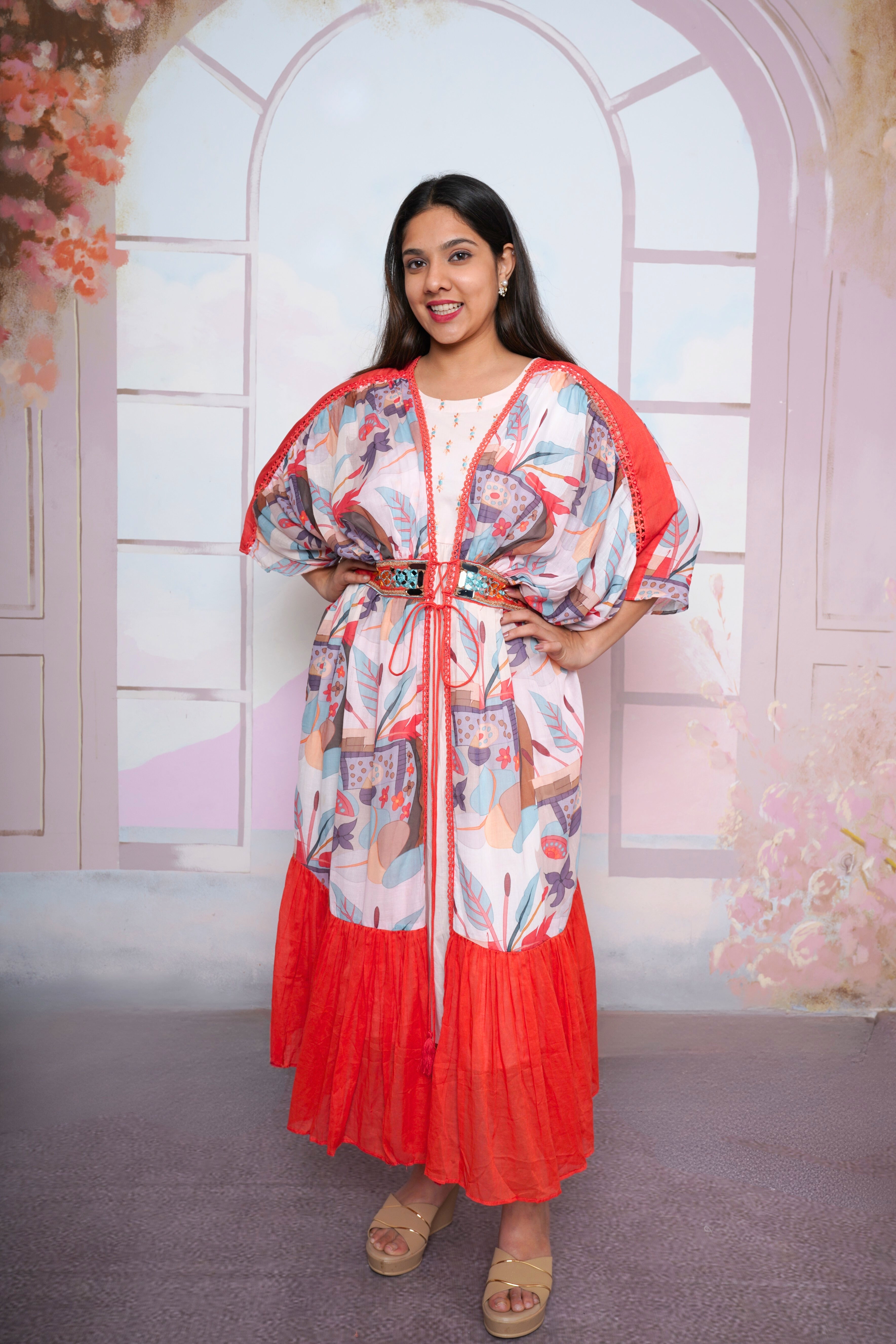 Embellished Red Mul Cotton Dress RAADVI
