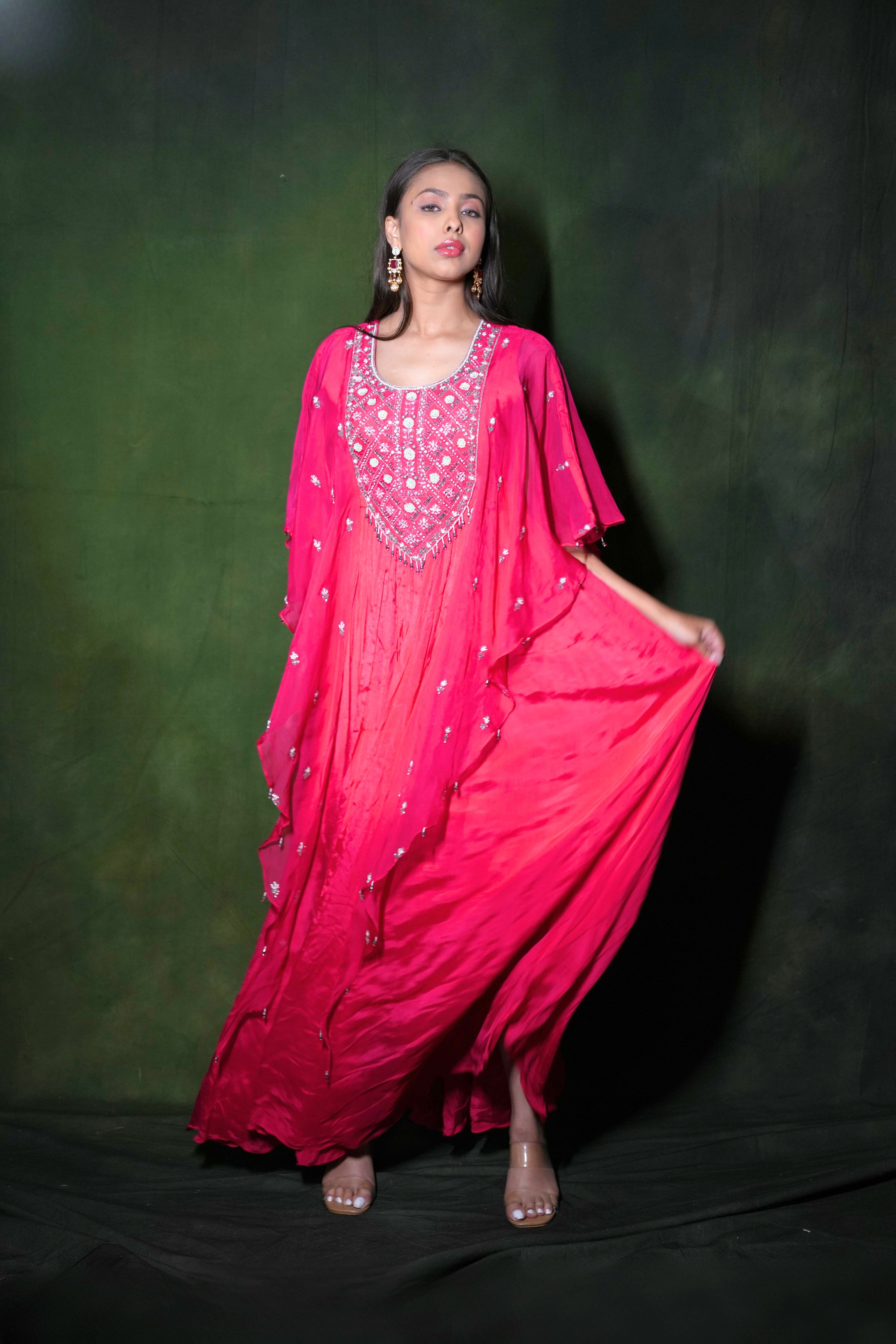 Pink Embellished Pure Chiffon Kaftan Dress RAADVI