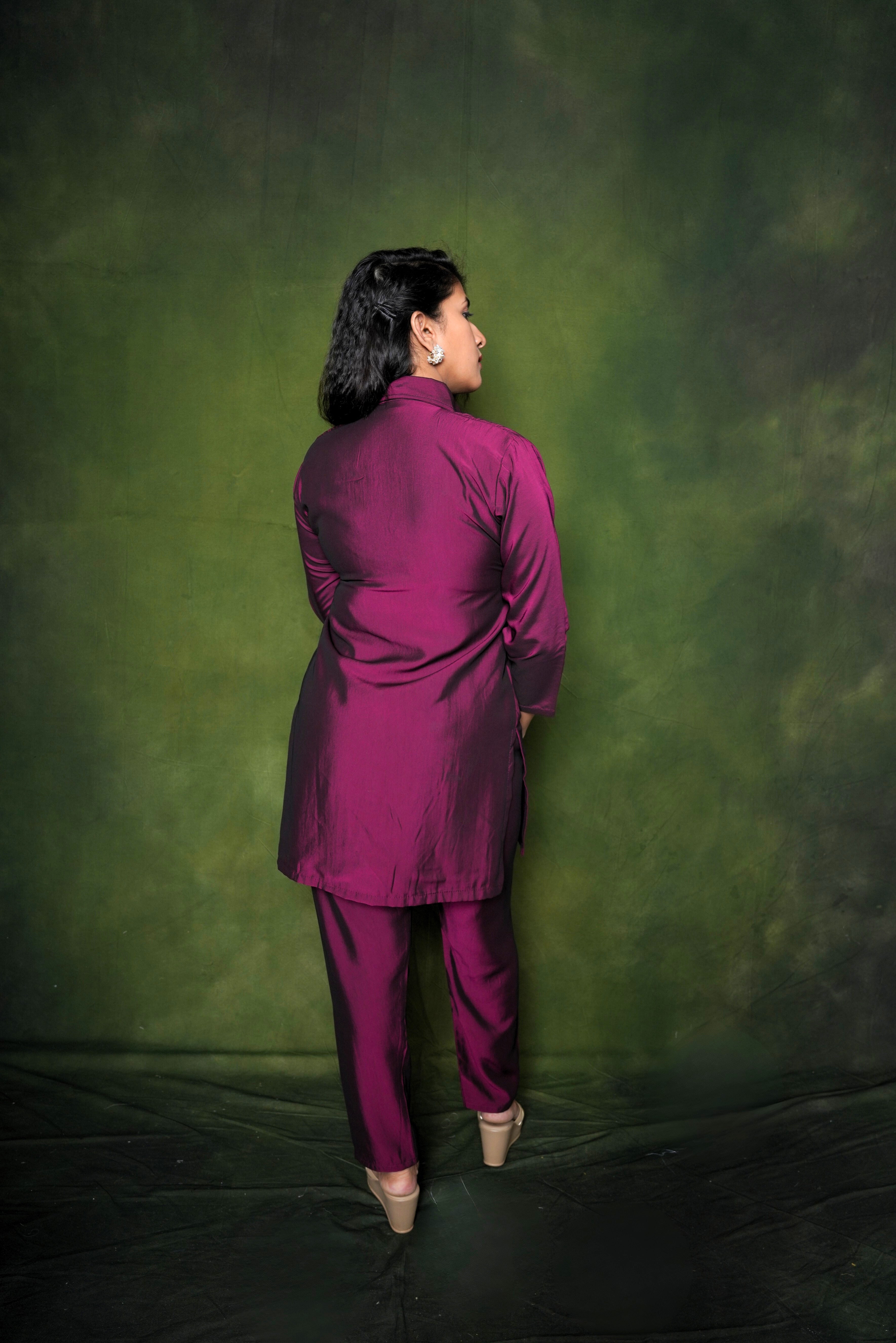 Embellished Maroon Roman Silk Co-Ord Set RAADVI