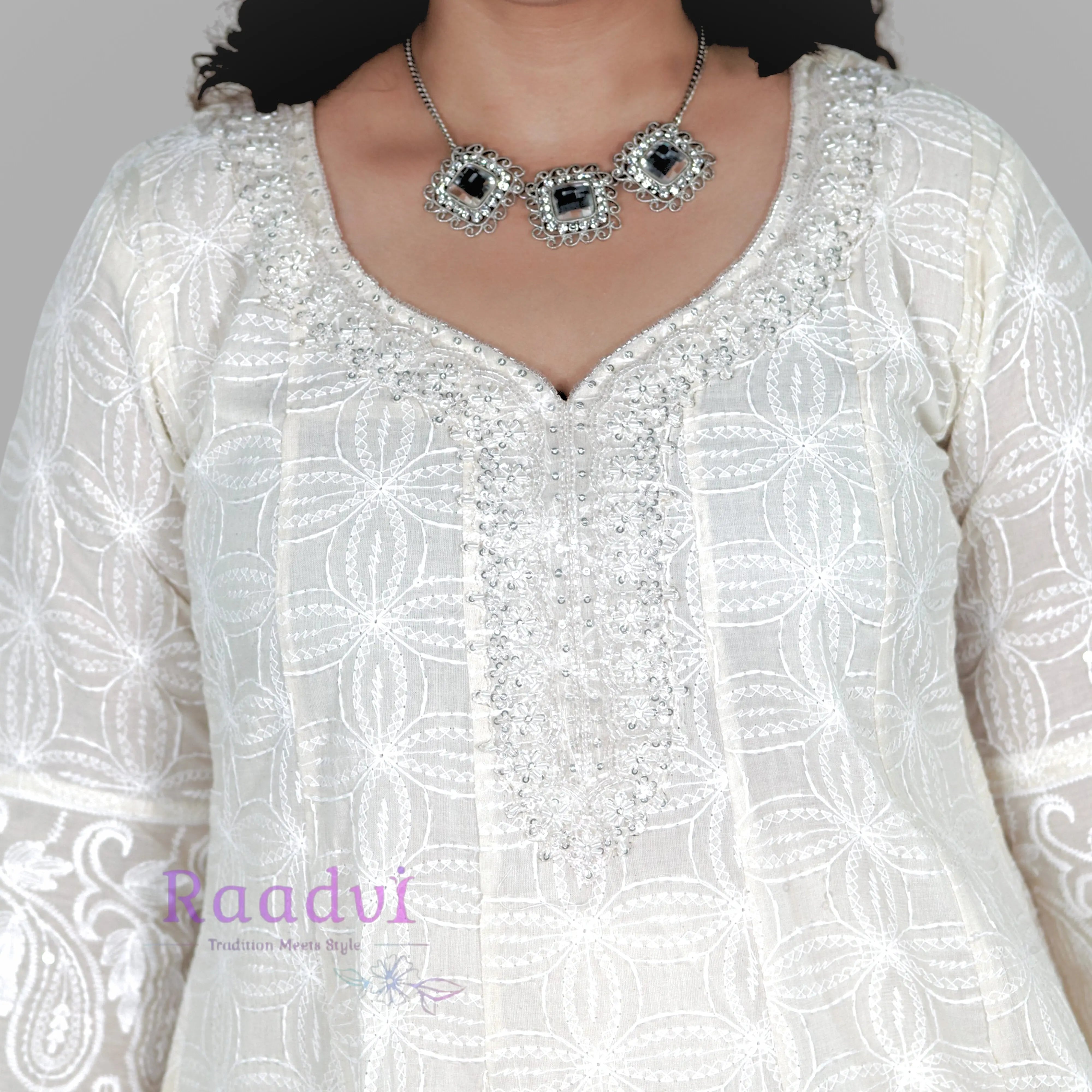 Embellished White Pure Cotton Kurta Palazzo RAADVI