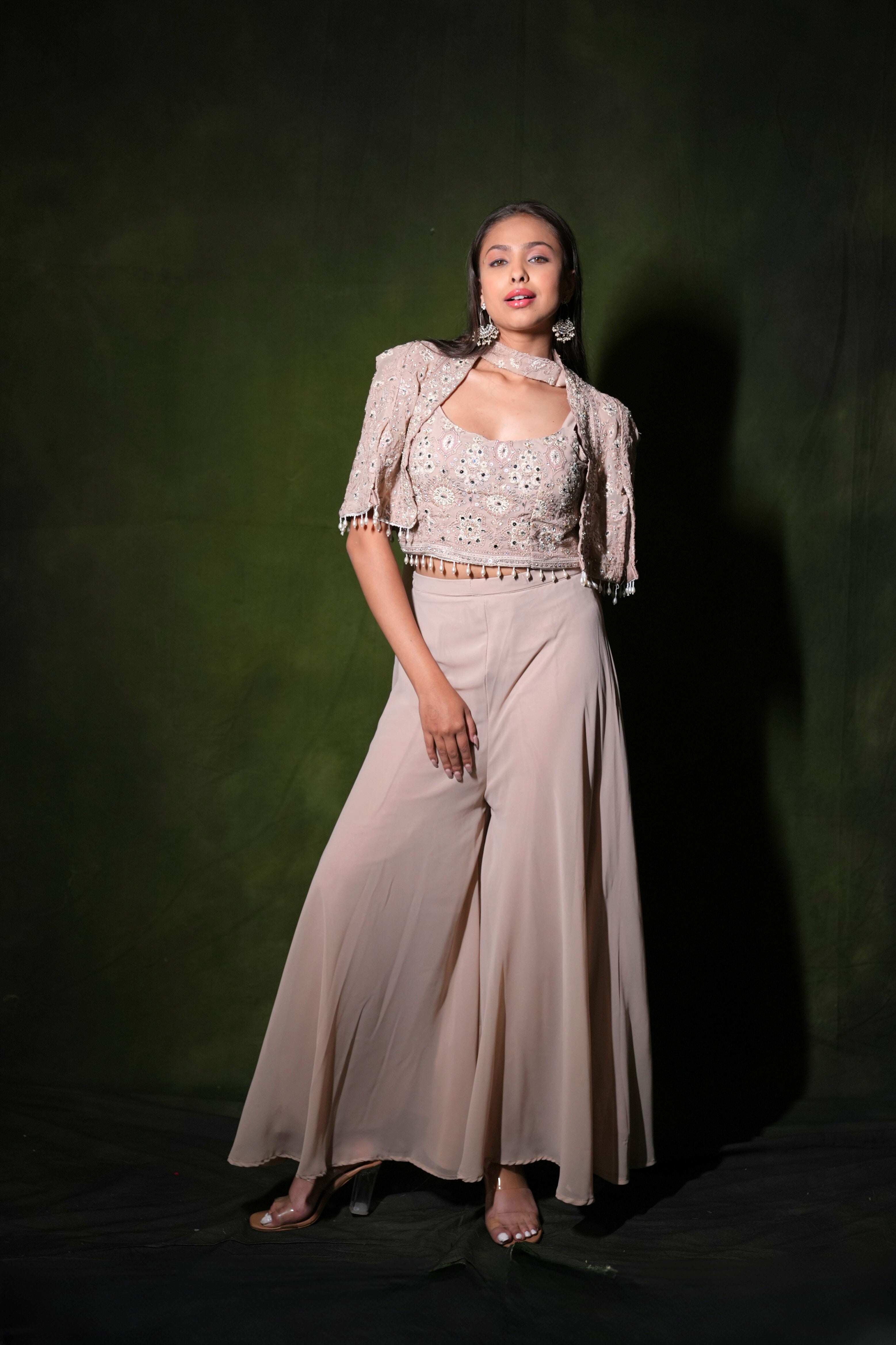 Embellished Beige Crop Top Palazzo Set RAADVI