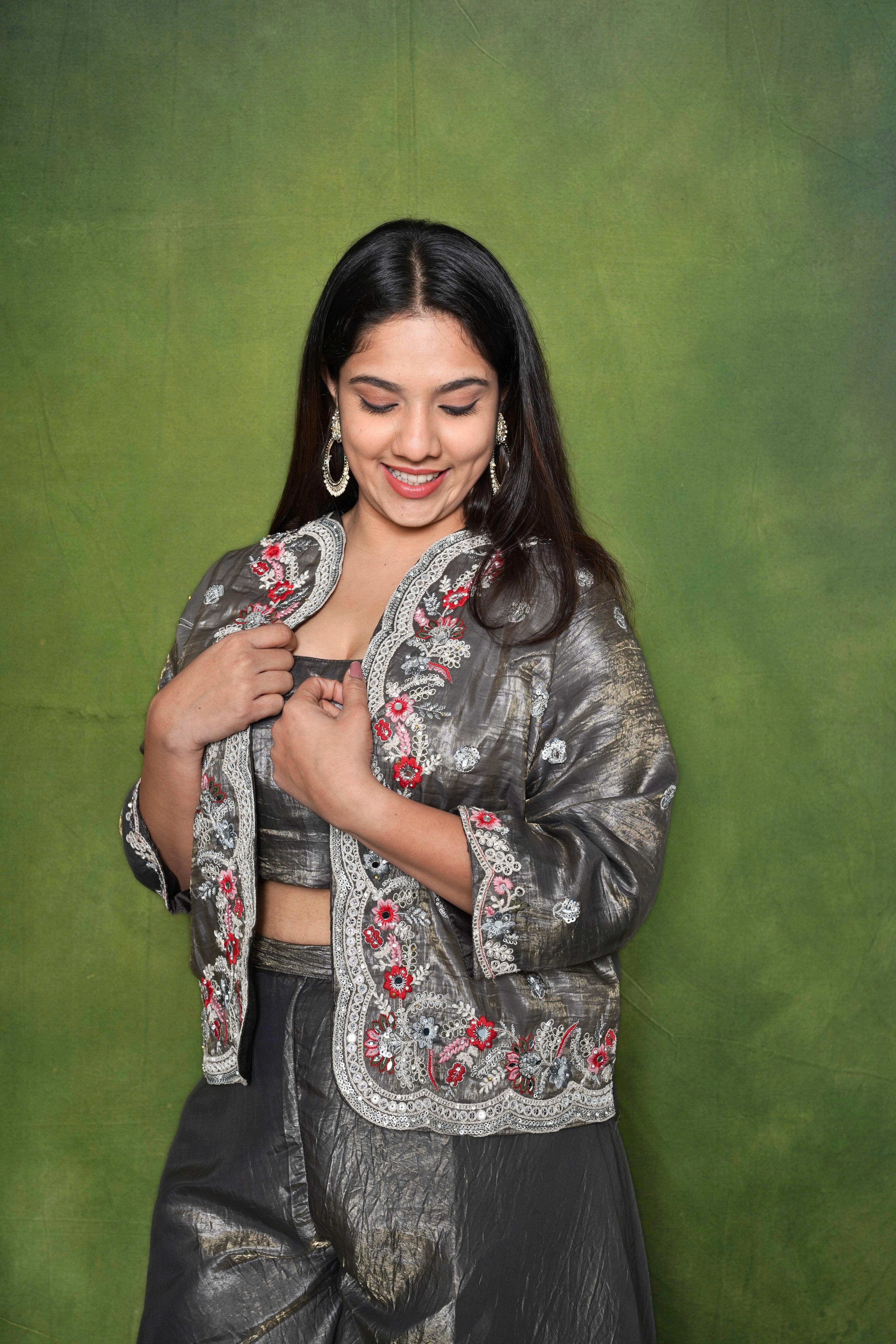 Embellished Gray Roman Silk Crop Top Palazzo Set RAADVI