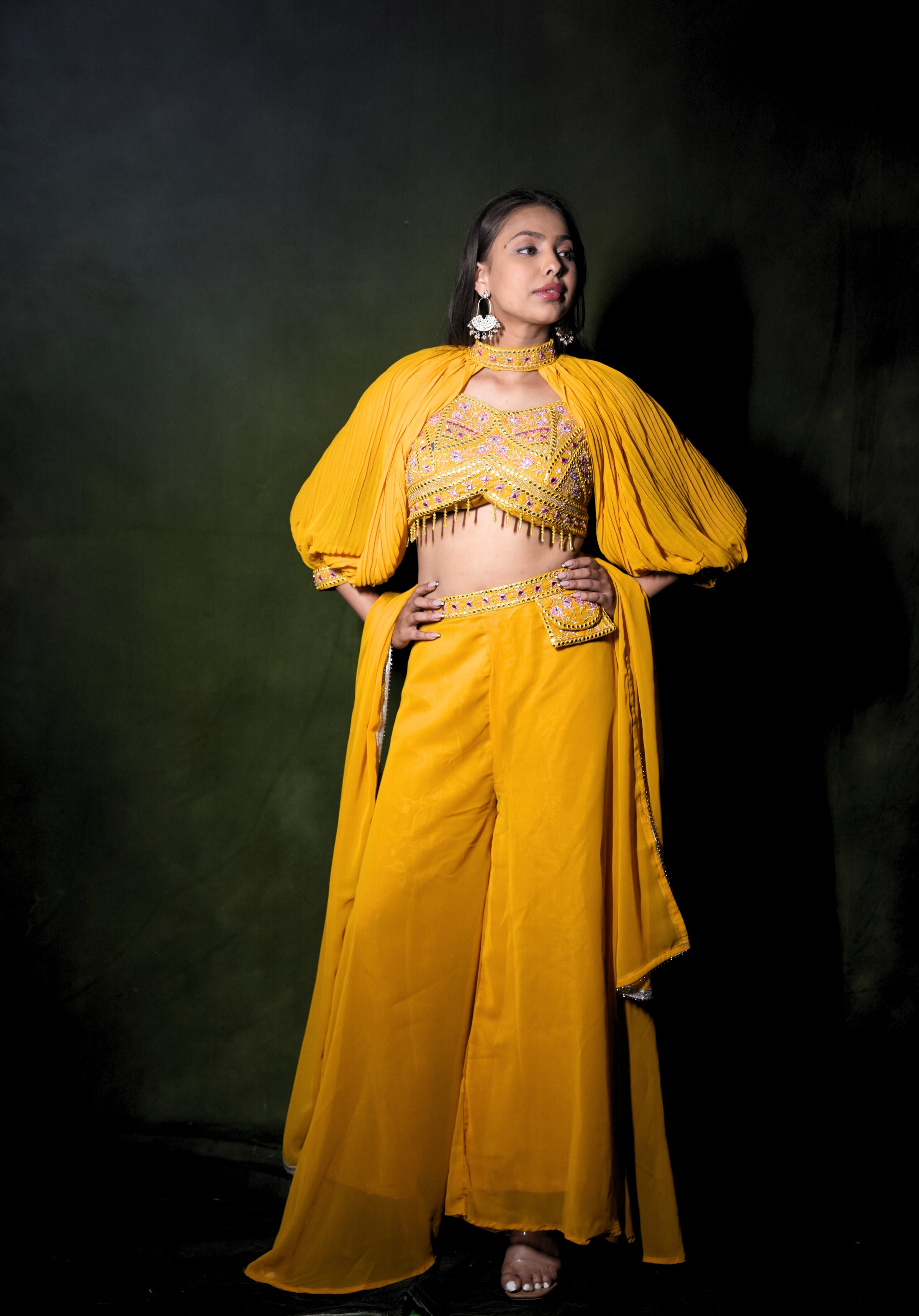 Embellished Yellow Crop Top Palazzo Set RAADVI