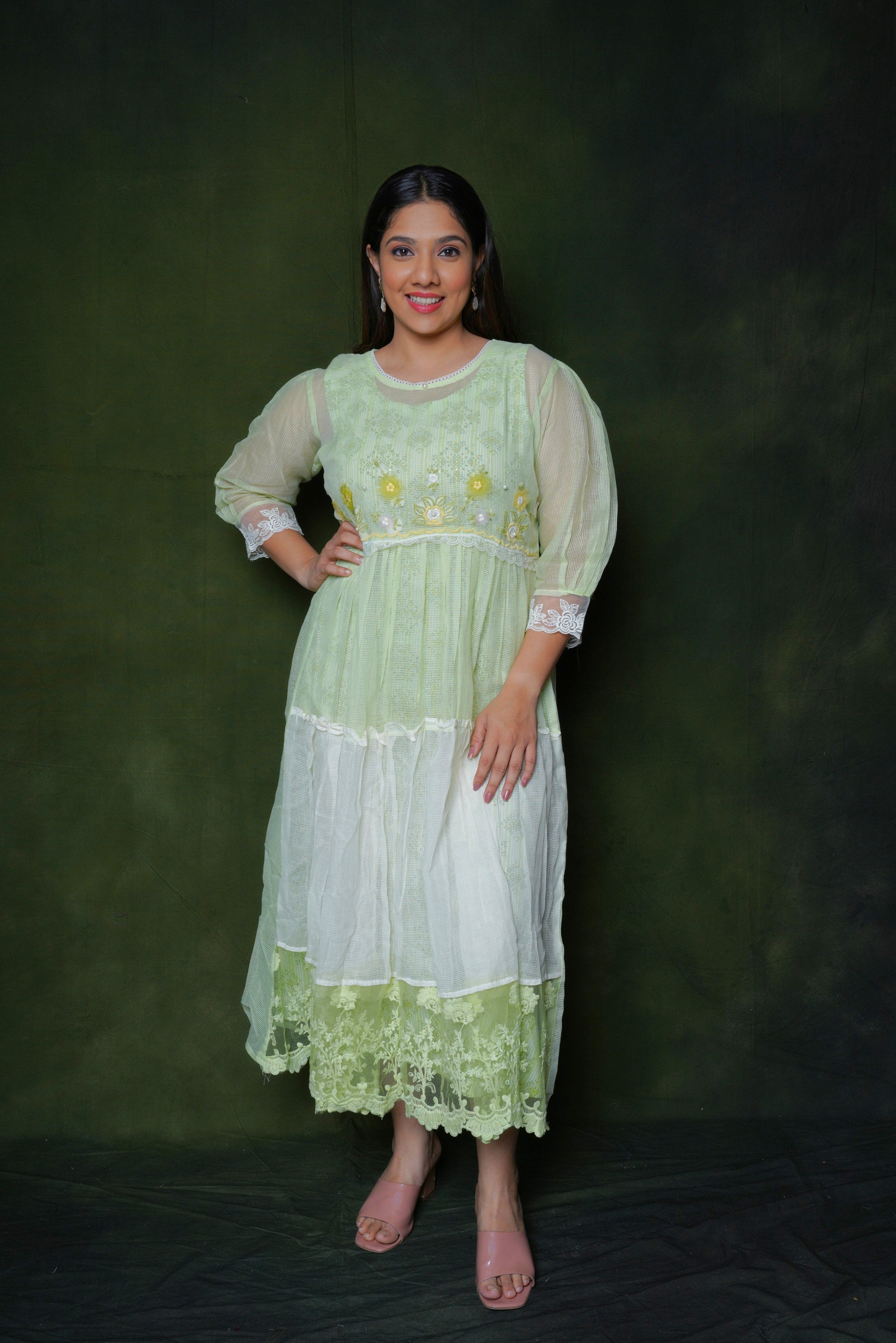 Green Kota Doria Lacy Dress RAADVI