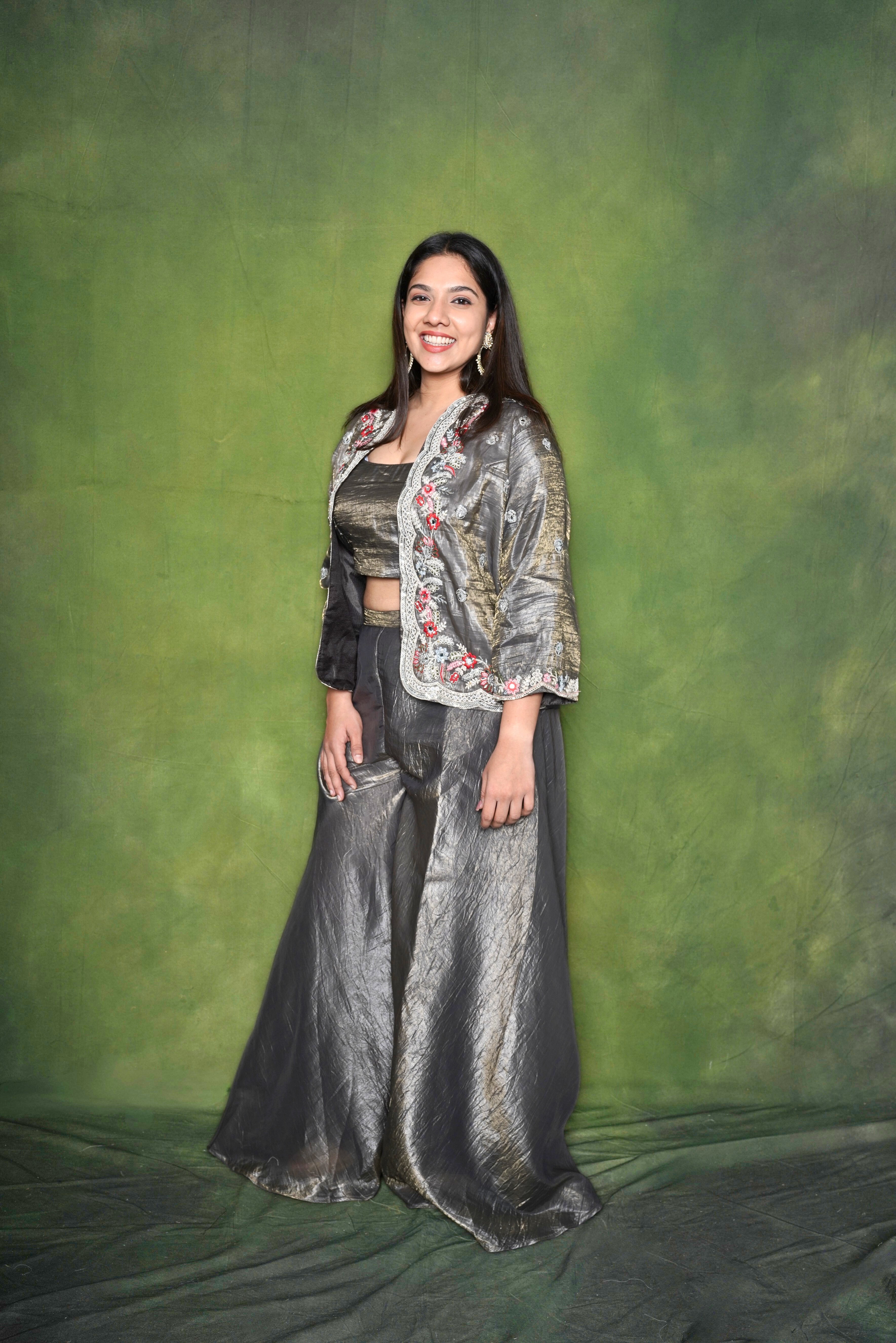 Embellished Gray Roman Silk Crop Top Palazzo Set RAADVI
