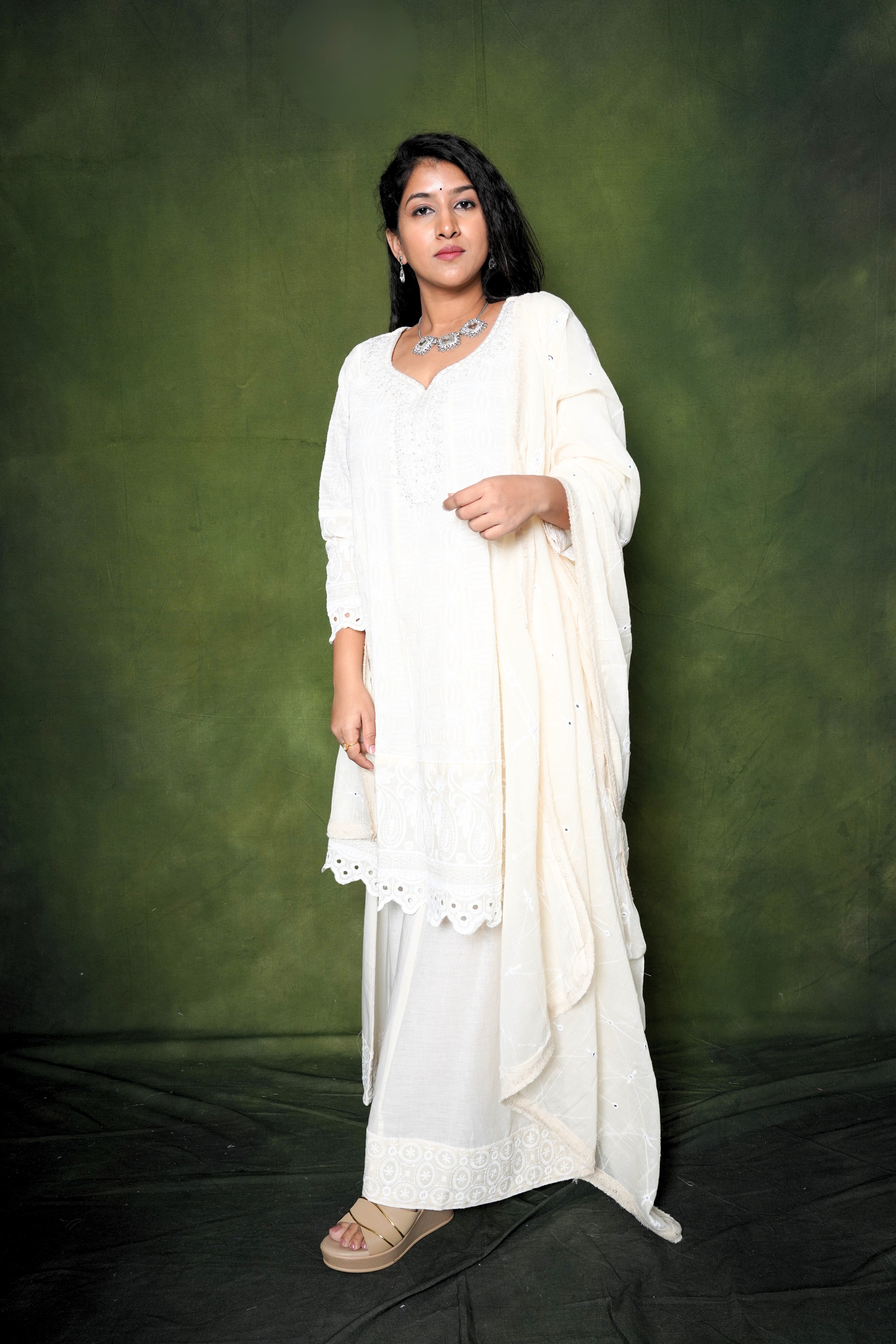 Embellished White Pure Cotton Kurta Palazzo RAADVI