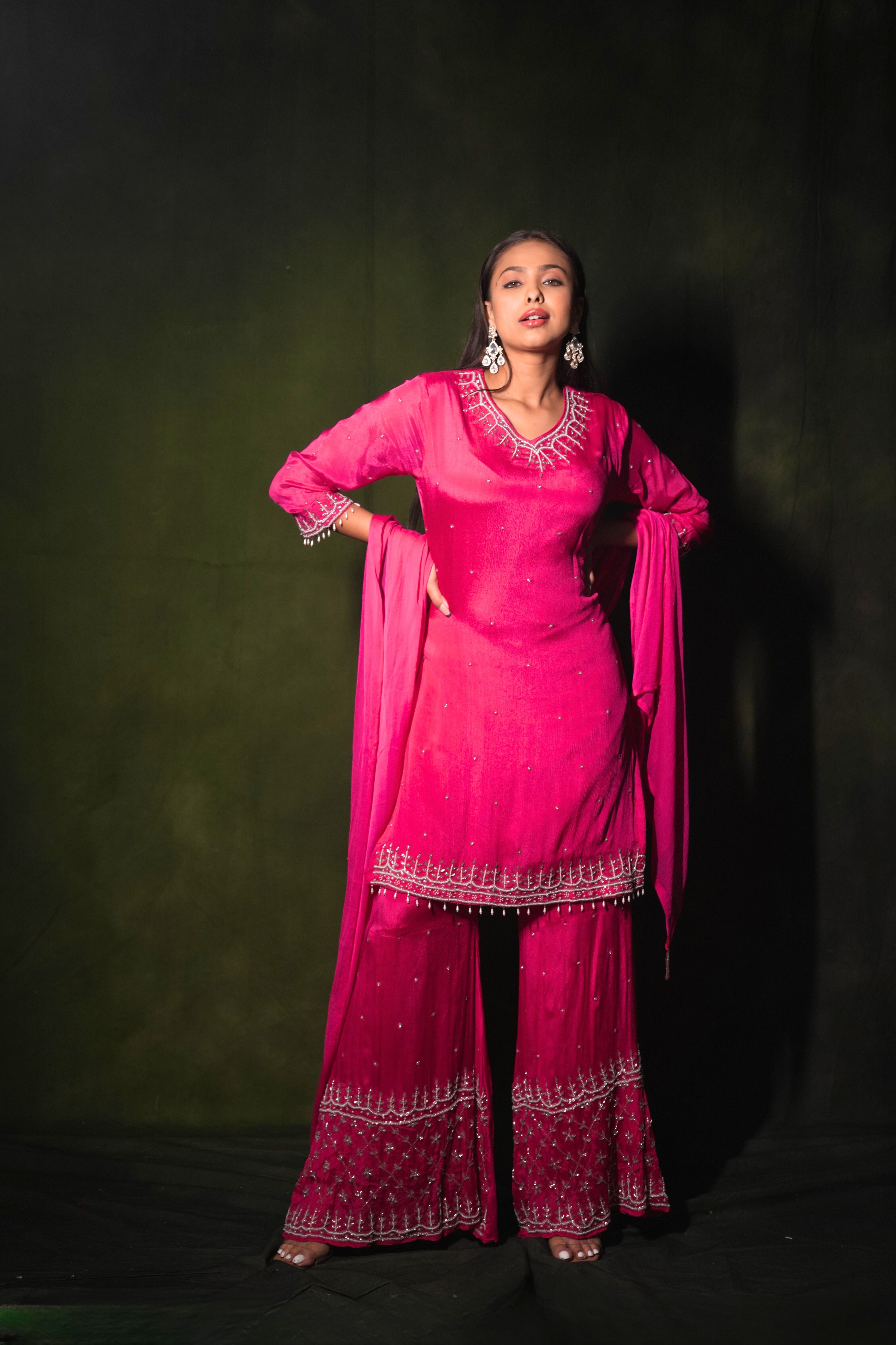 Embelished Pink Pure Chiffon Kurta Palazzo Suit RAADVI