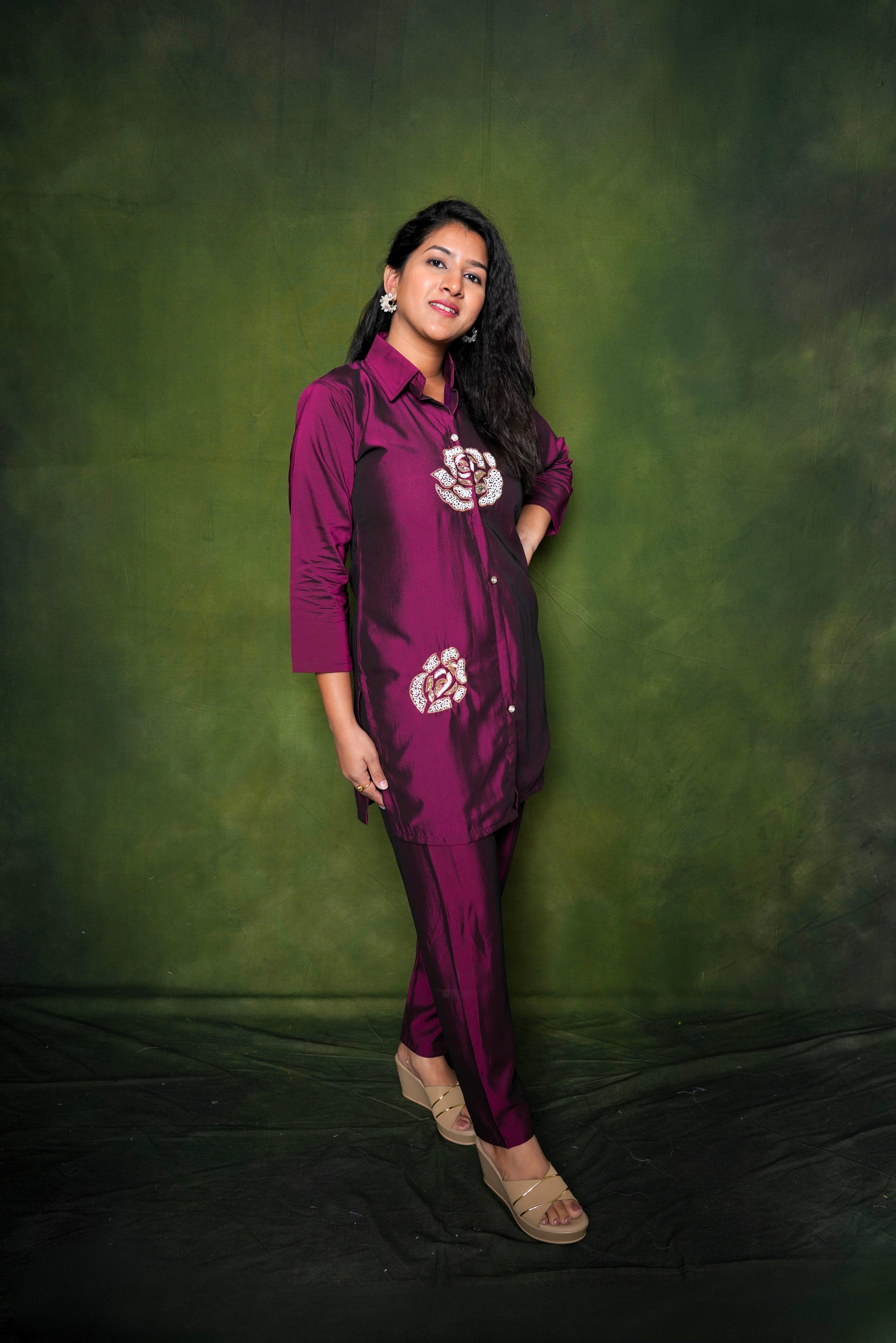 Embellished Maroon Roman Silk Co-Ord Set RAADVI