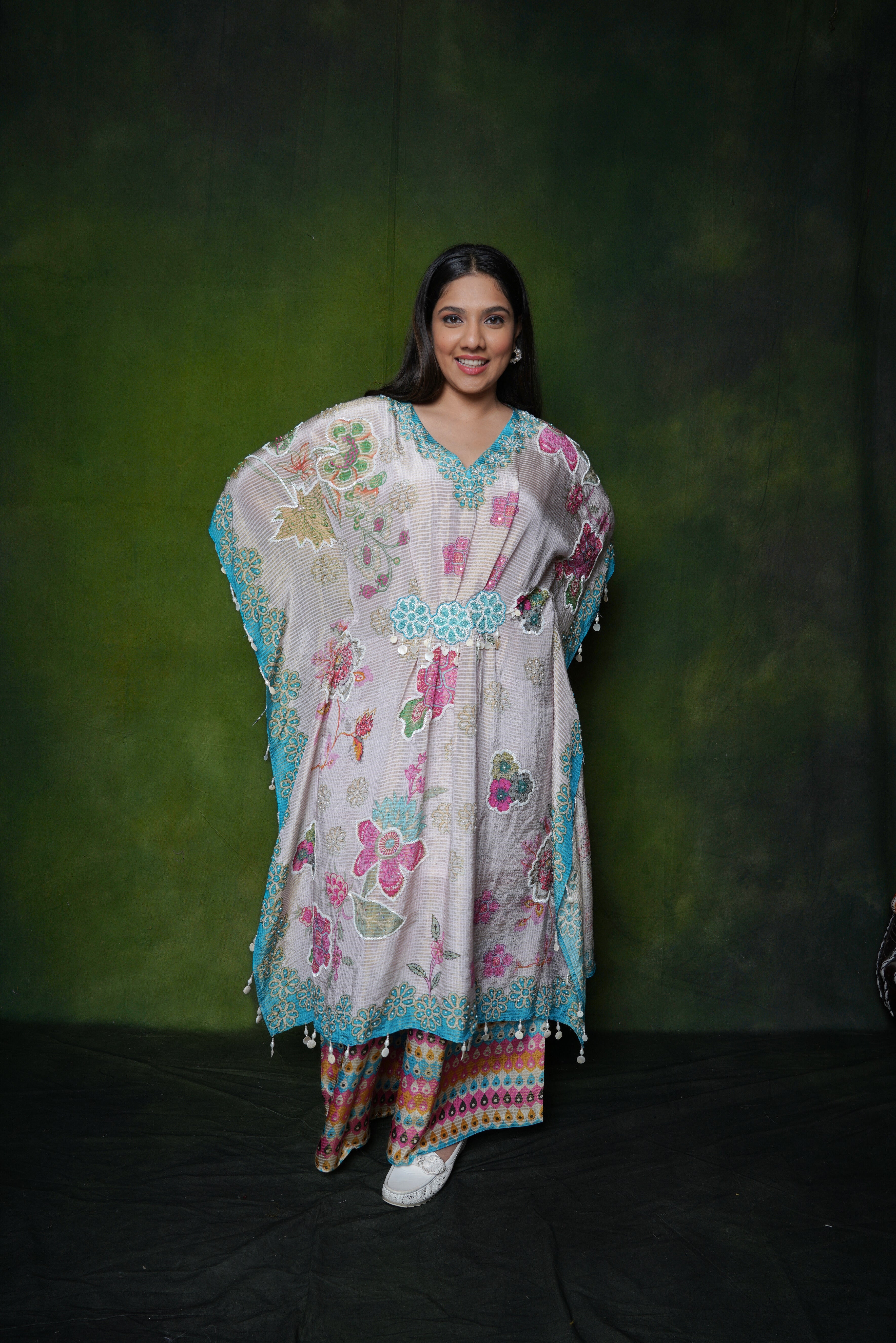Embellished Cream Roman Silk Kaftan Set RAADVI