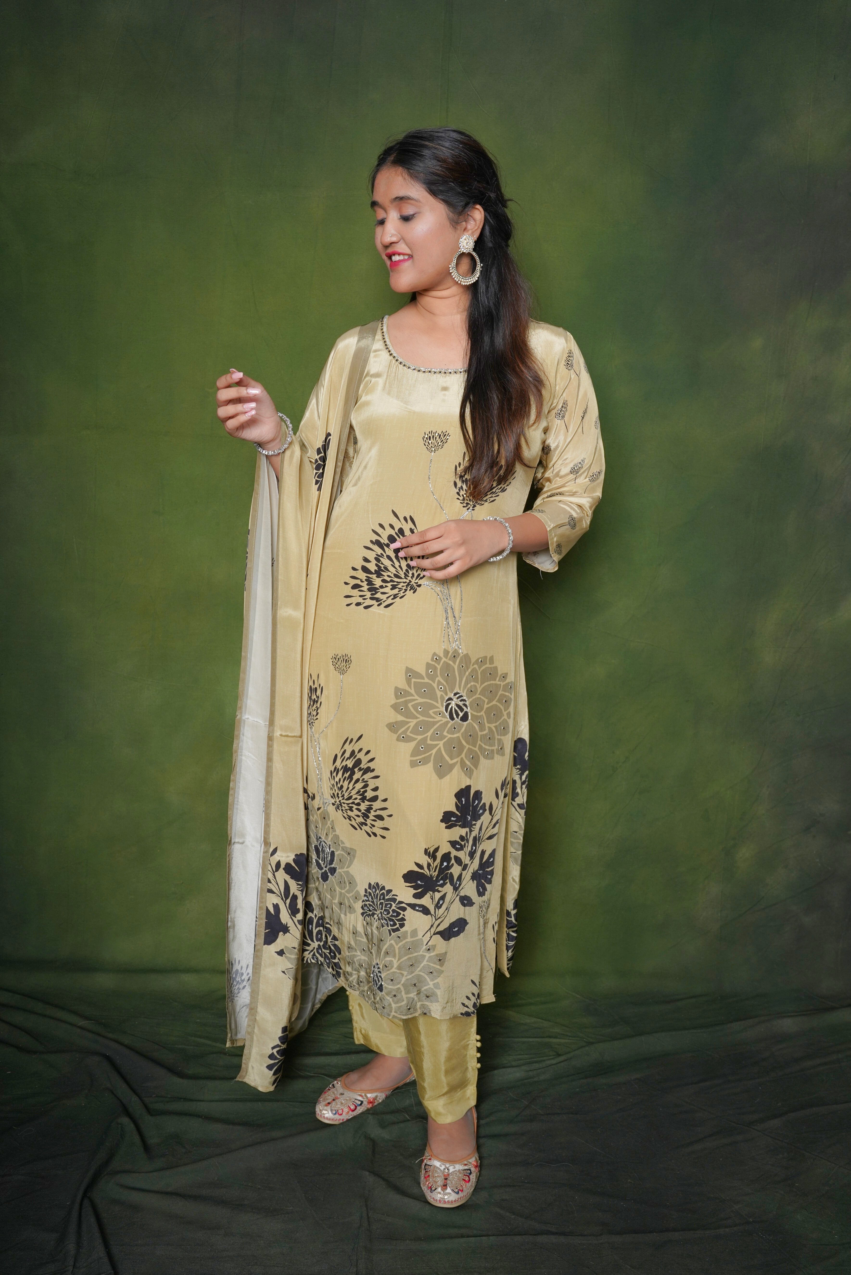 Olive Green Pure Silk Suit Set RAADVI