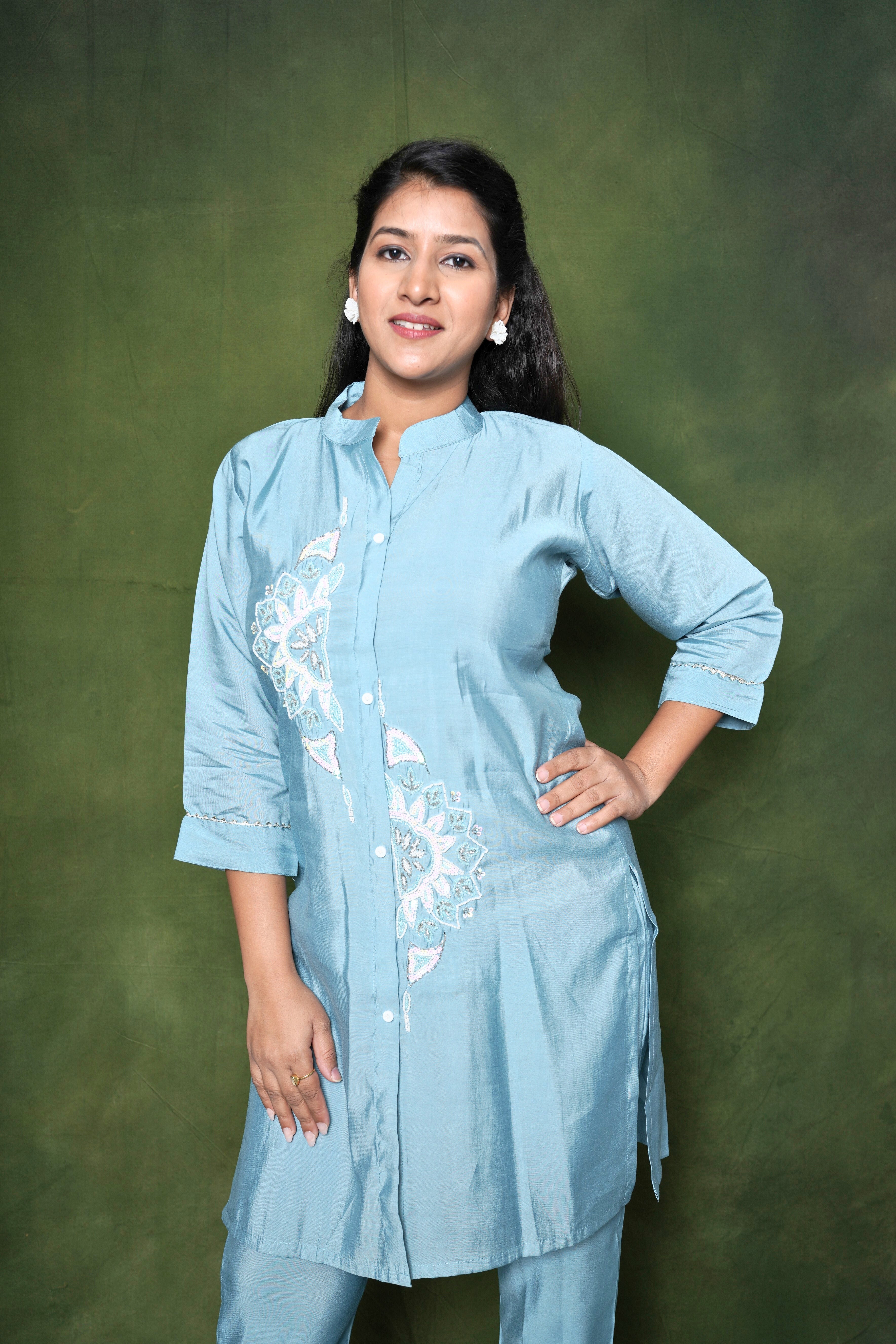Embellished Blue Roman Silk Co-Ord RAADVI