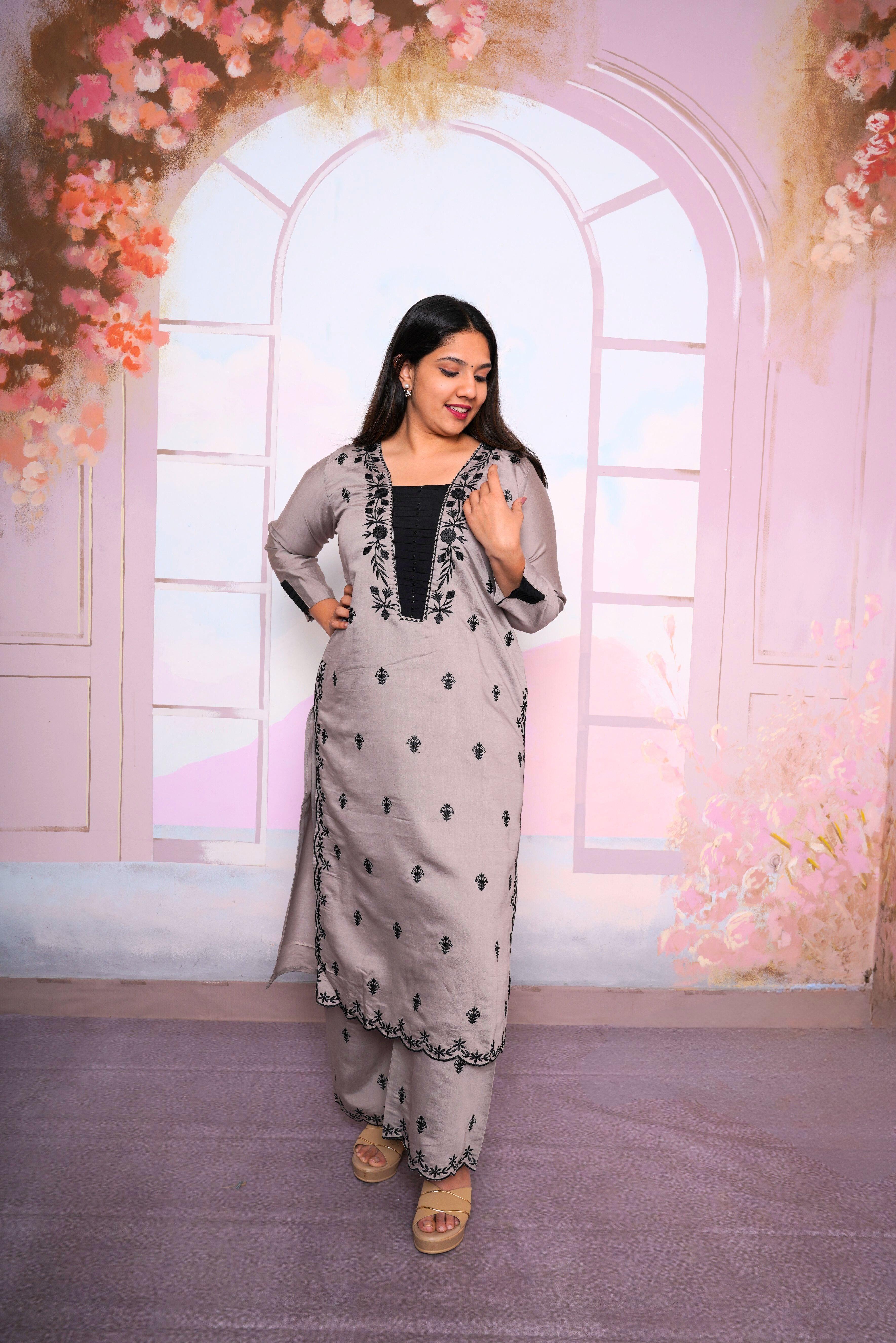 Grey Embroidered Mul Cotton Kurta Set RAADVI