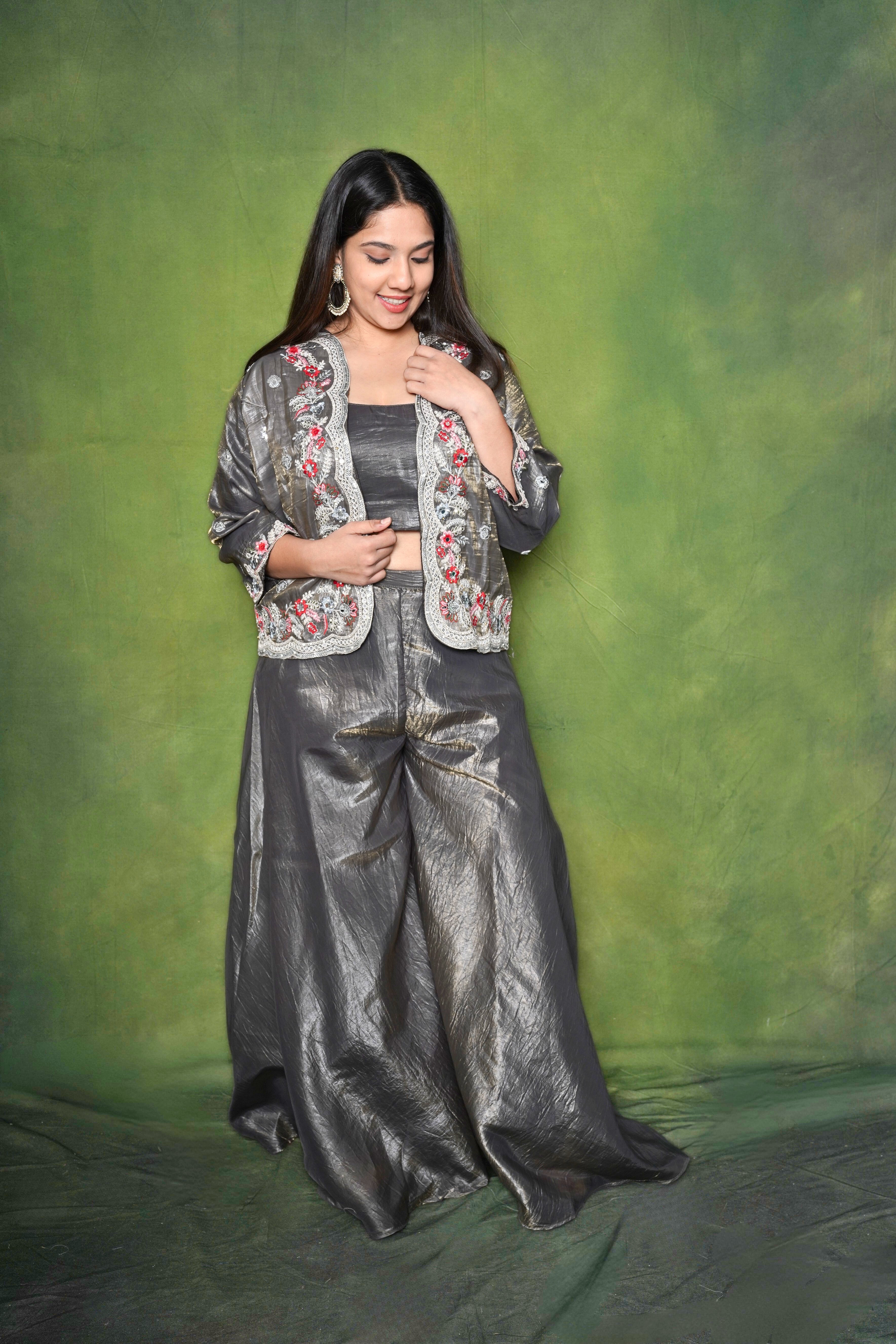 Embellished Gray Roman Silk Crop Top Palazzo Set RAADVI