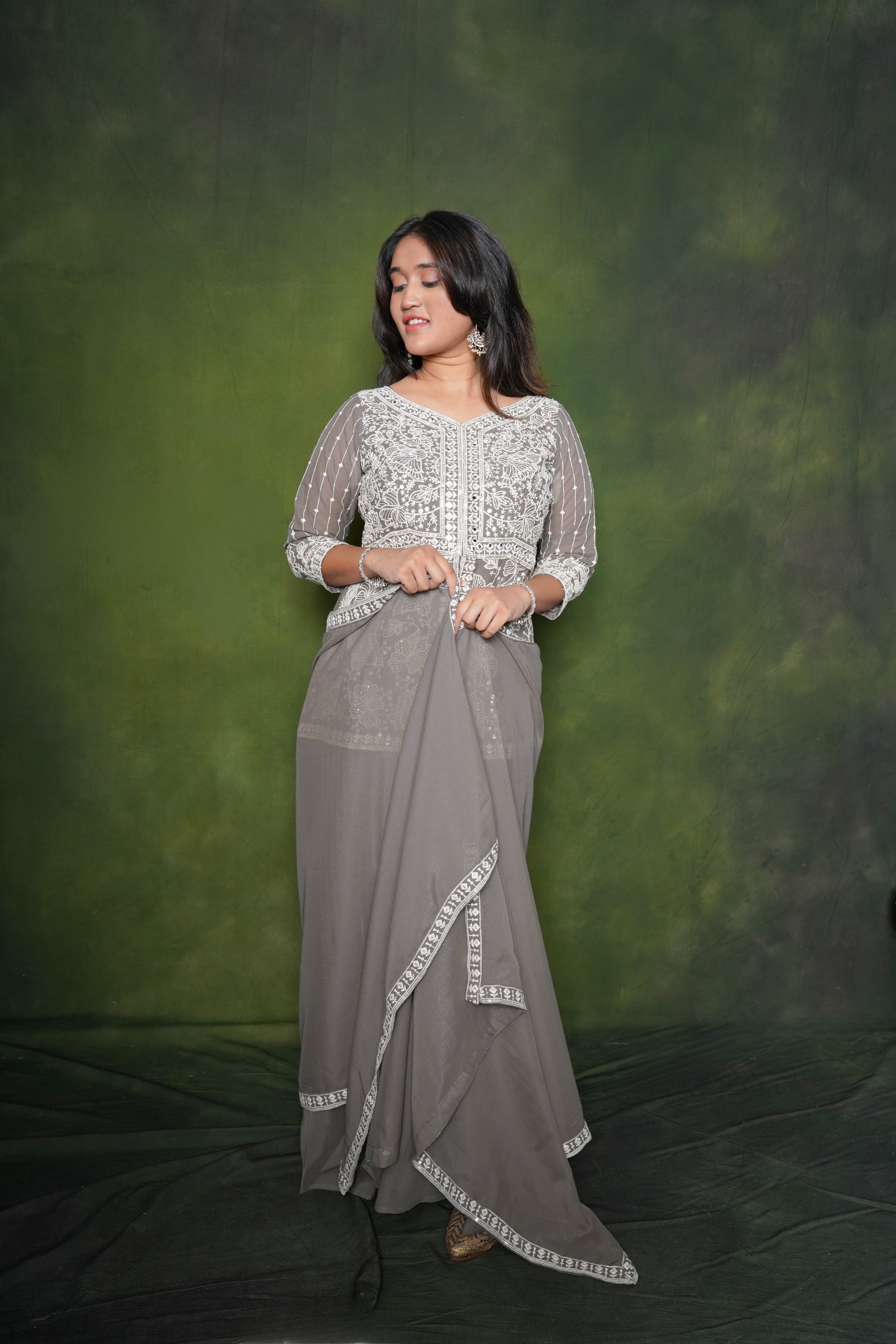 Embroidered Gray Crop Top Palazzo Set RAADVI