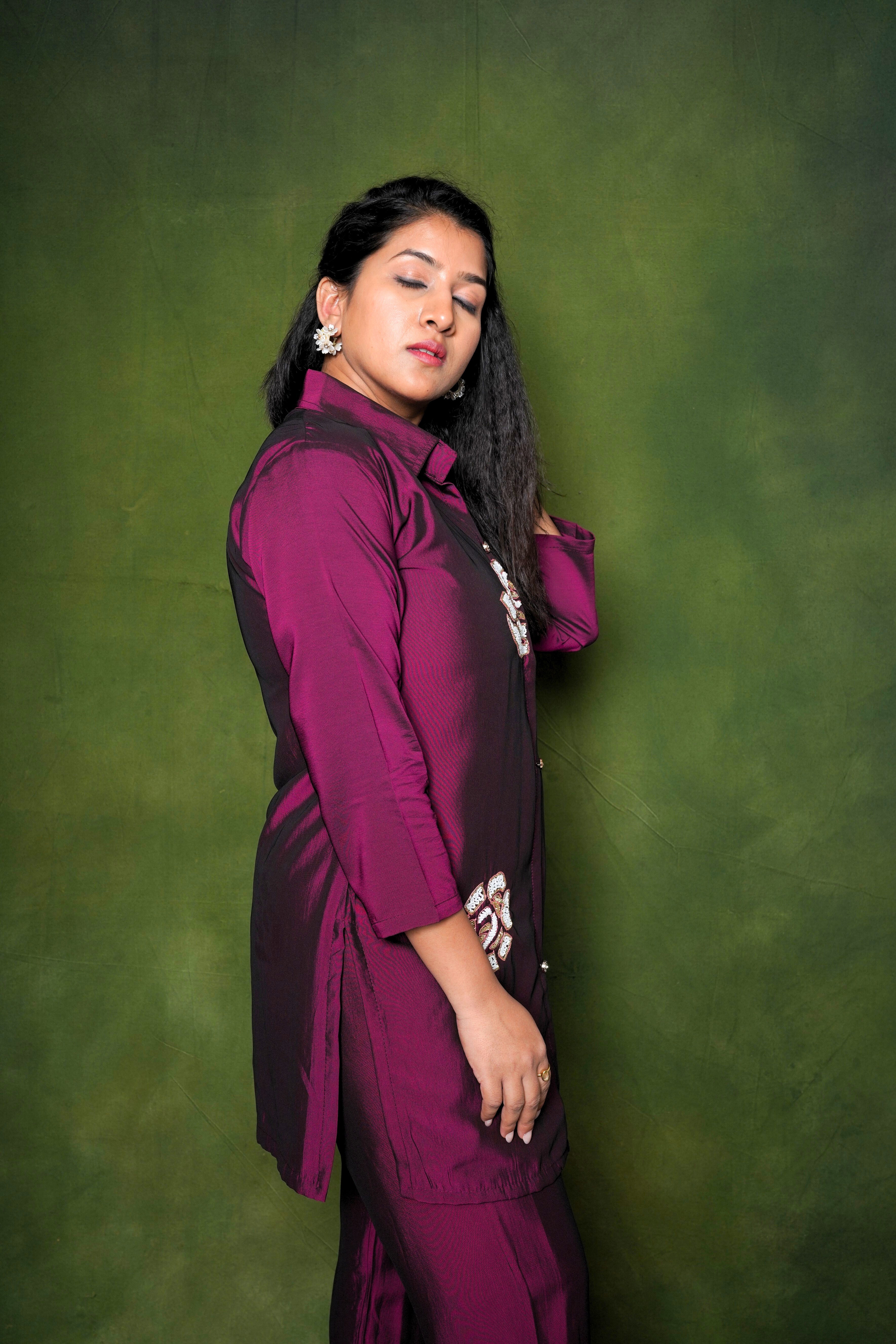 Embellished Maroon Roman Silk Co-Ord Set RAADVI