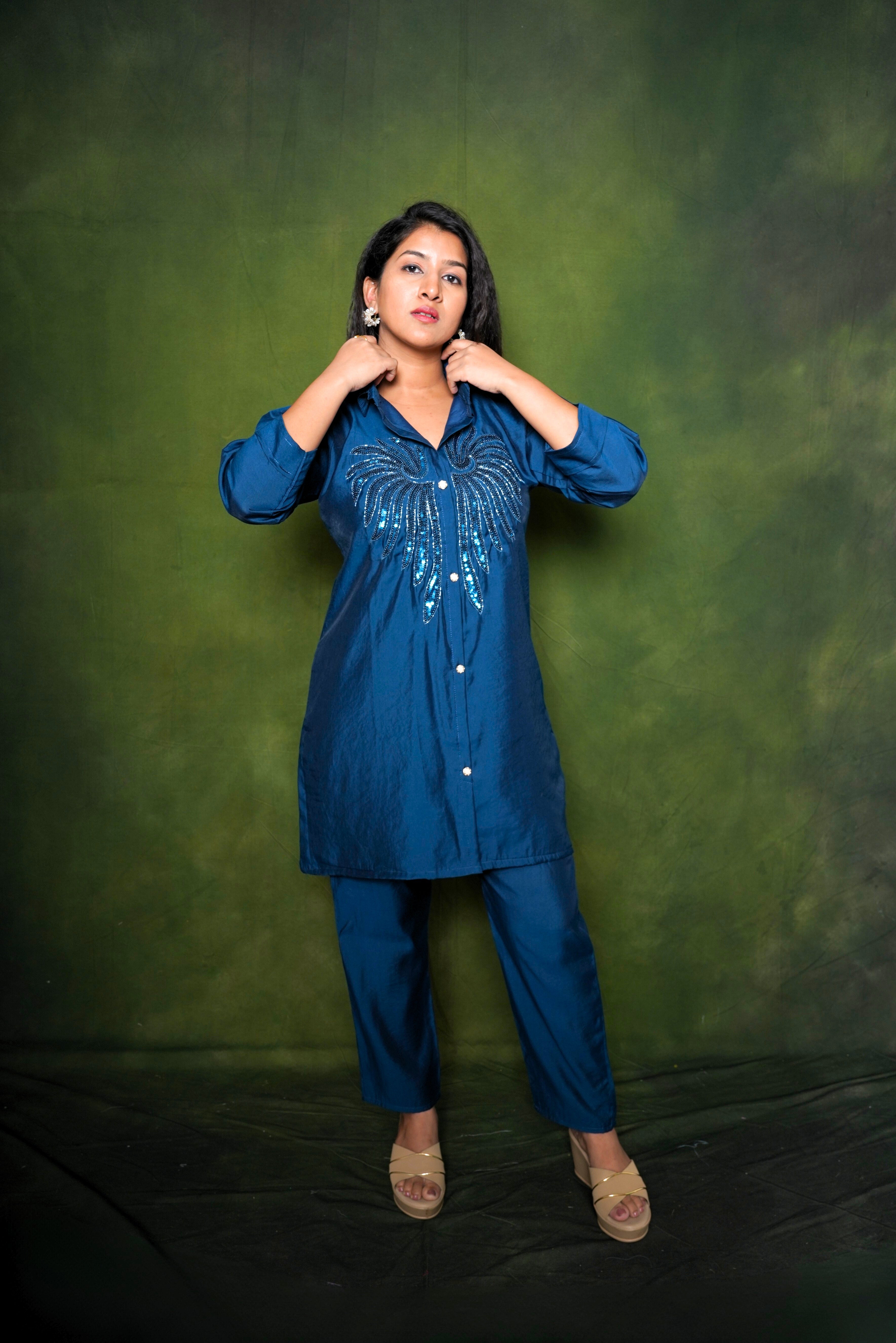 Embellished Navy Blue Roman Silk Co-Ord Set RAADVI