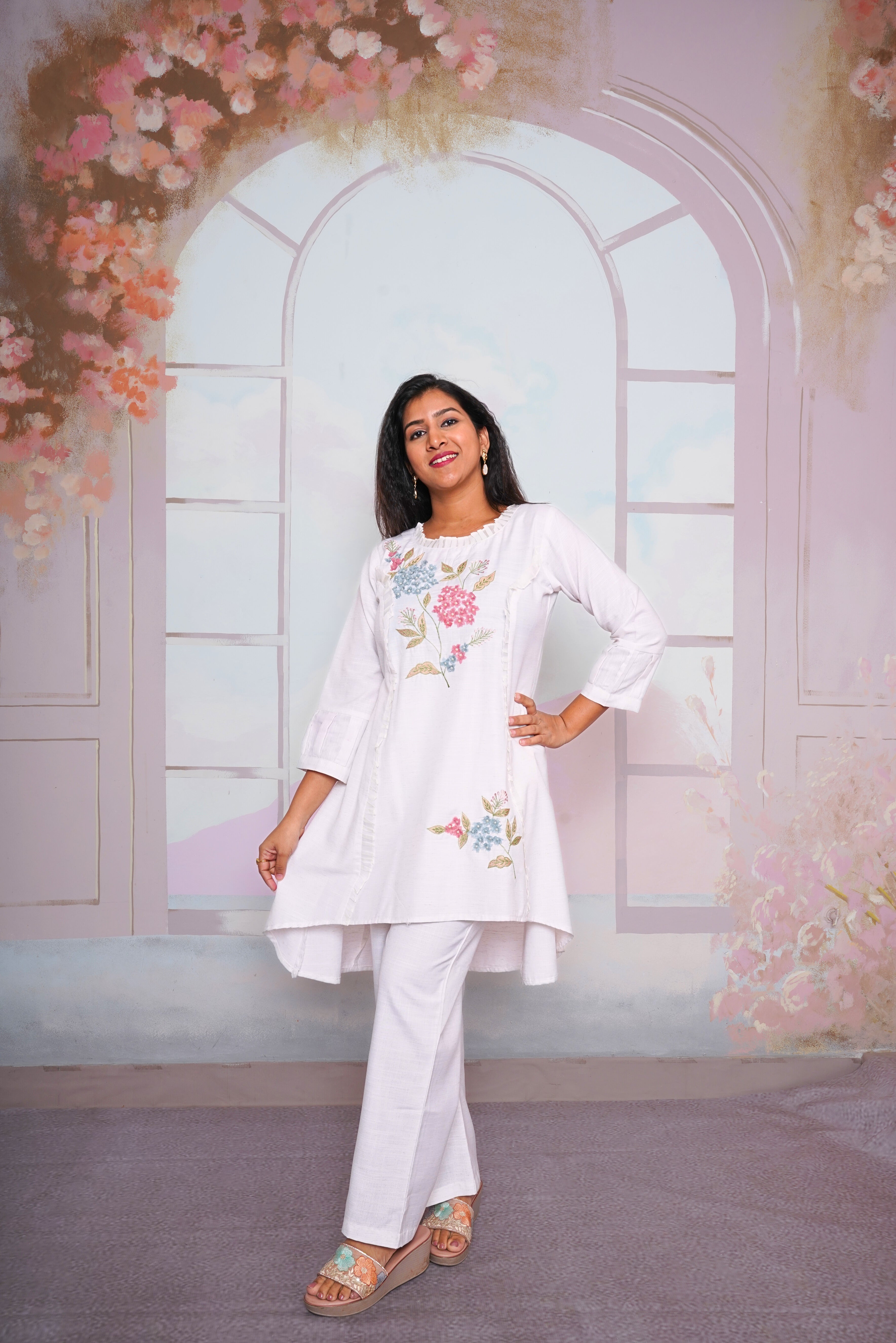White Khadi Cotton Floral Embroidery Kurta Set RAADVI