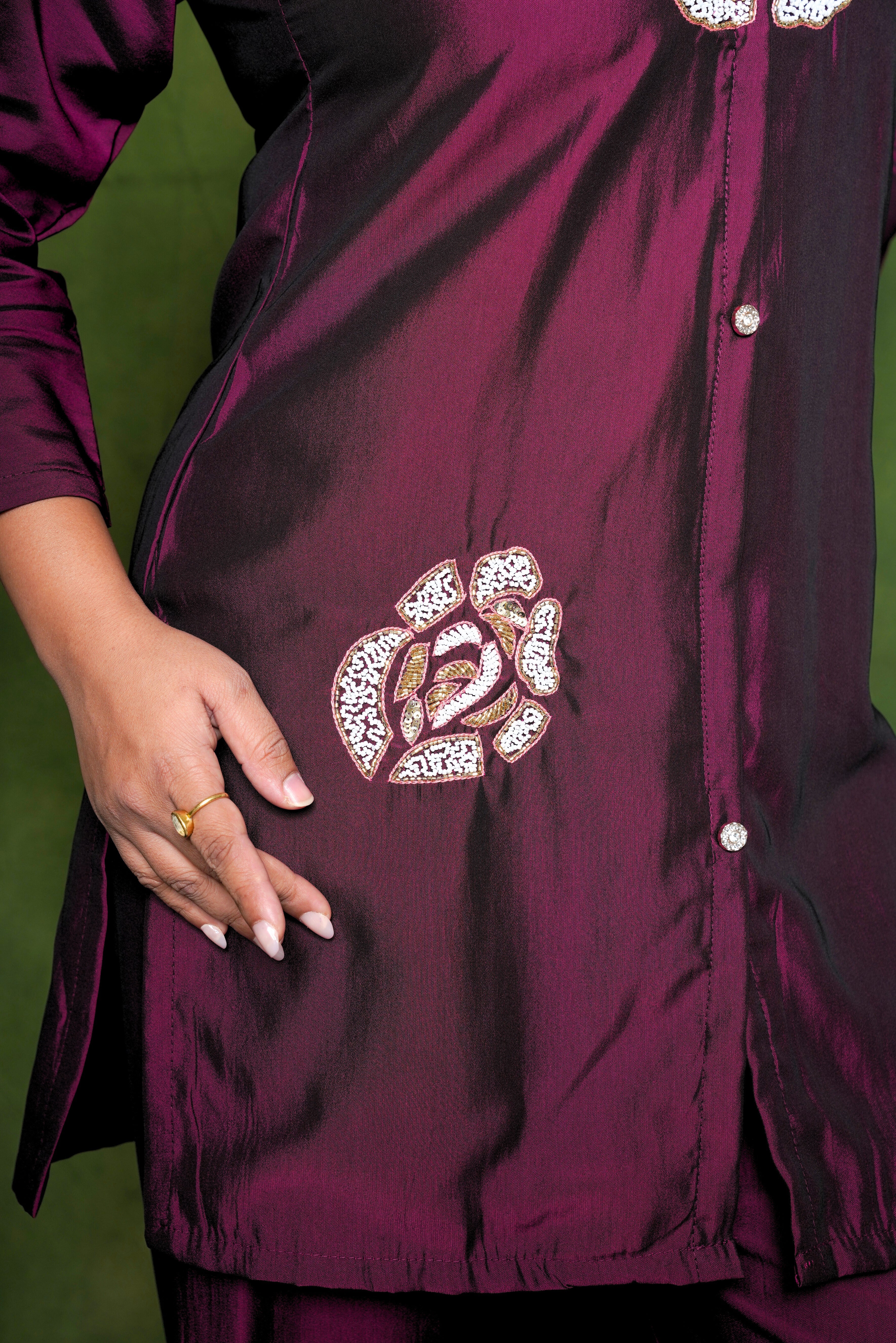Embellished Maroon Roman Silk Co-Ord Set RAADVI