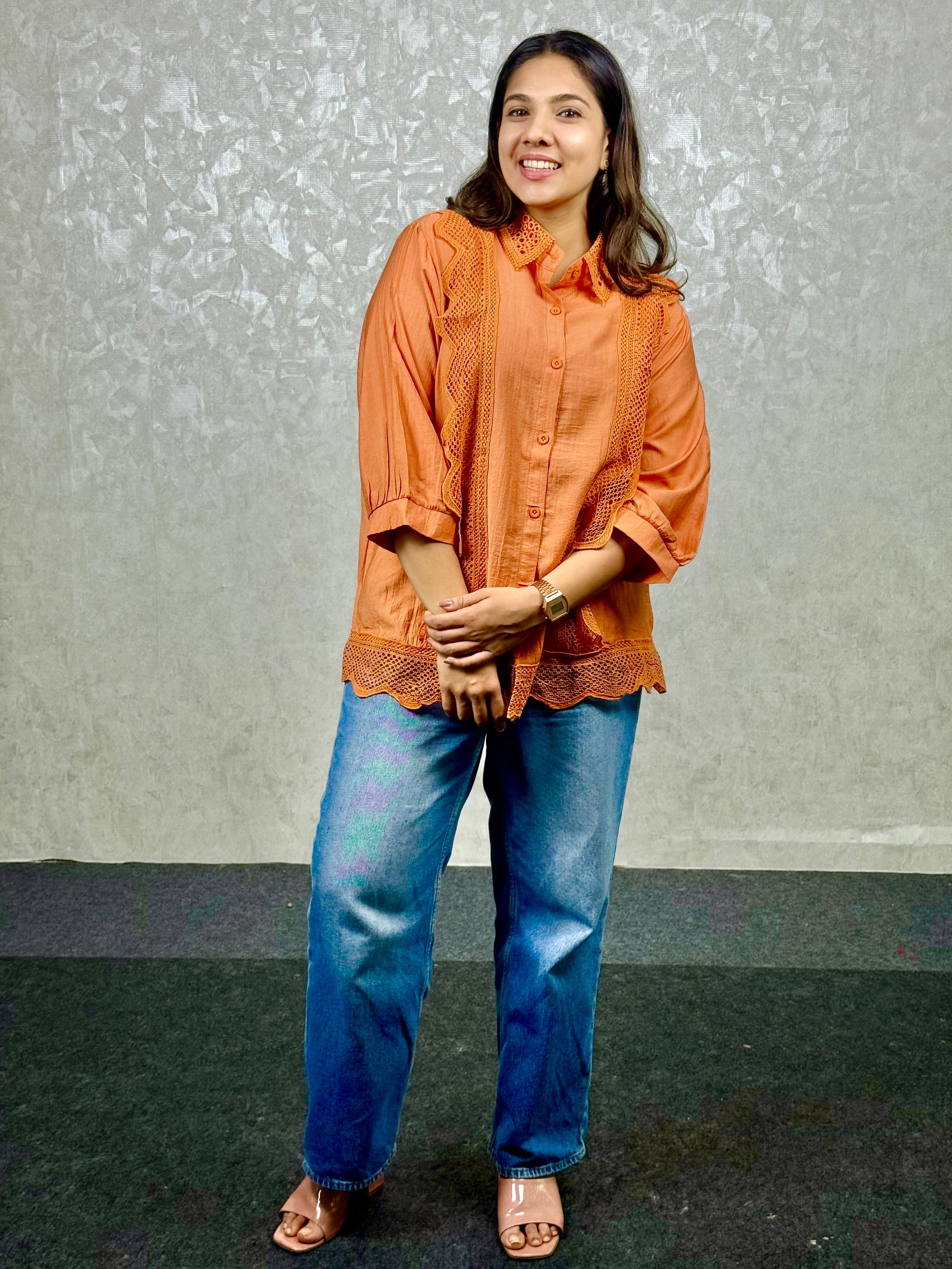 Orange Lace Work Cotton Shirt RAADVI