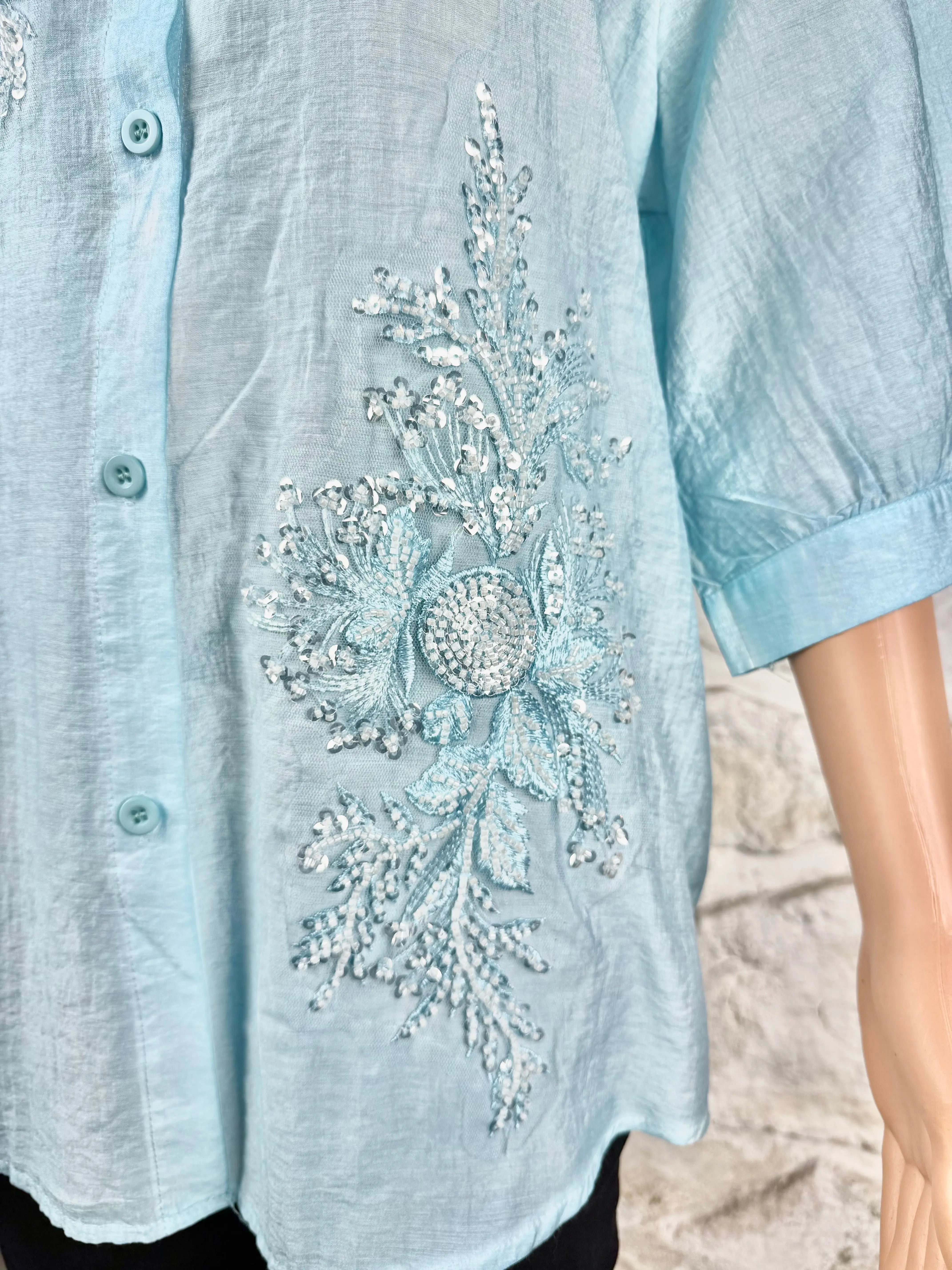 Pastel Blue Muslin Top - Embellished RAADVI