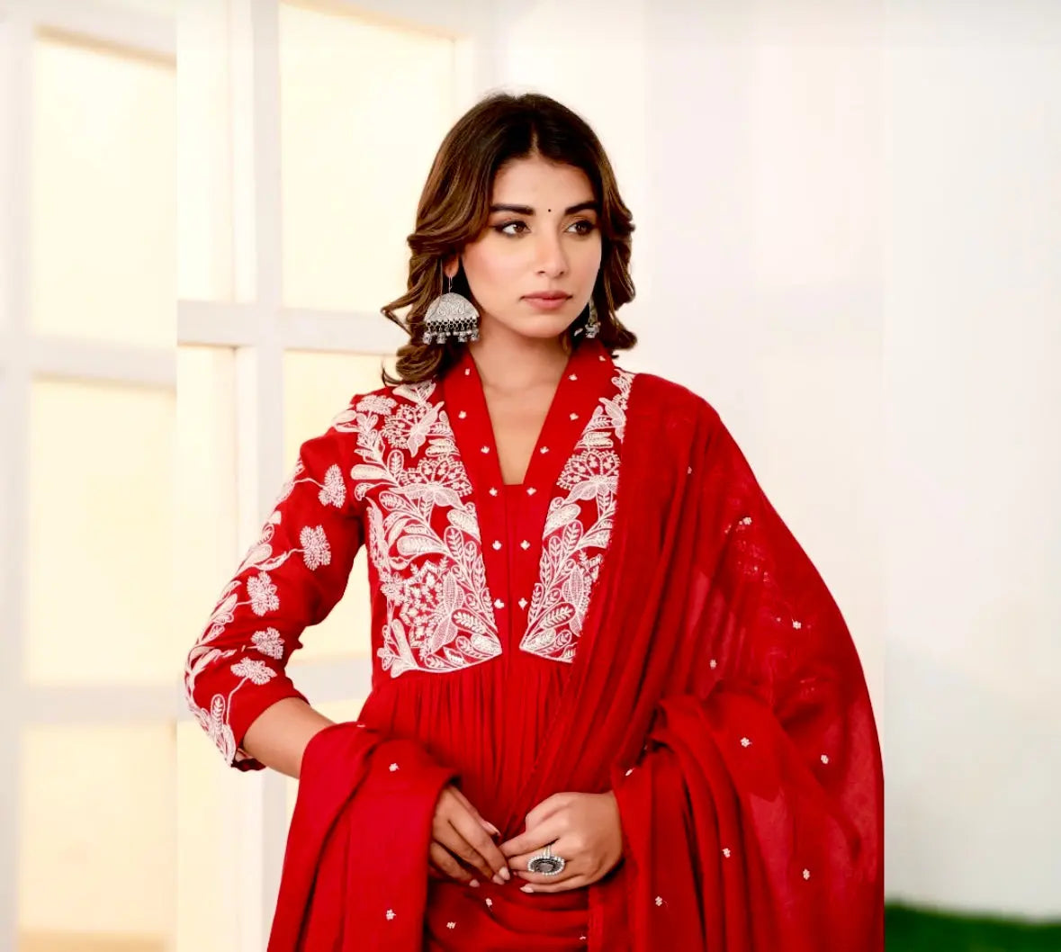 Red & Pink Embroidered Mul Cotton Suit Set RAADVI