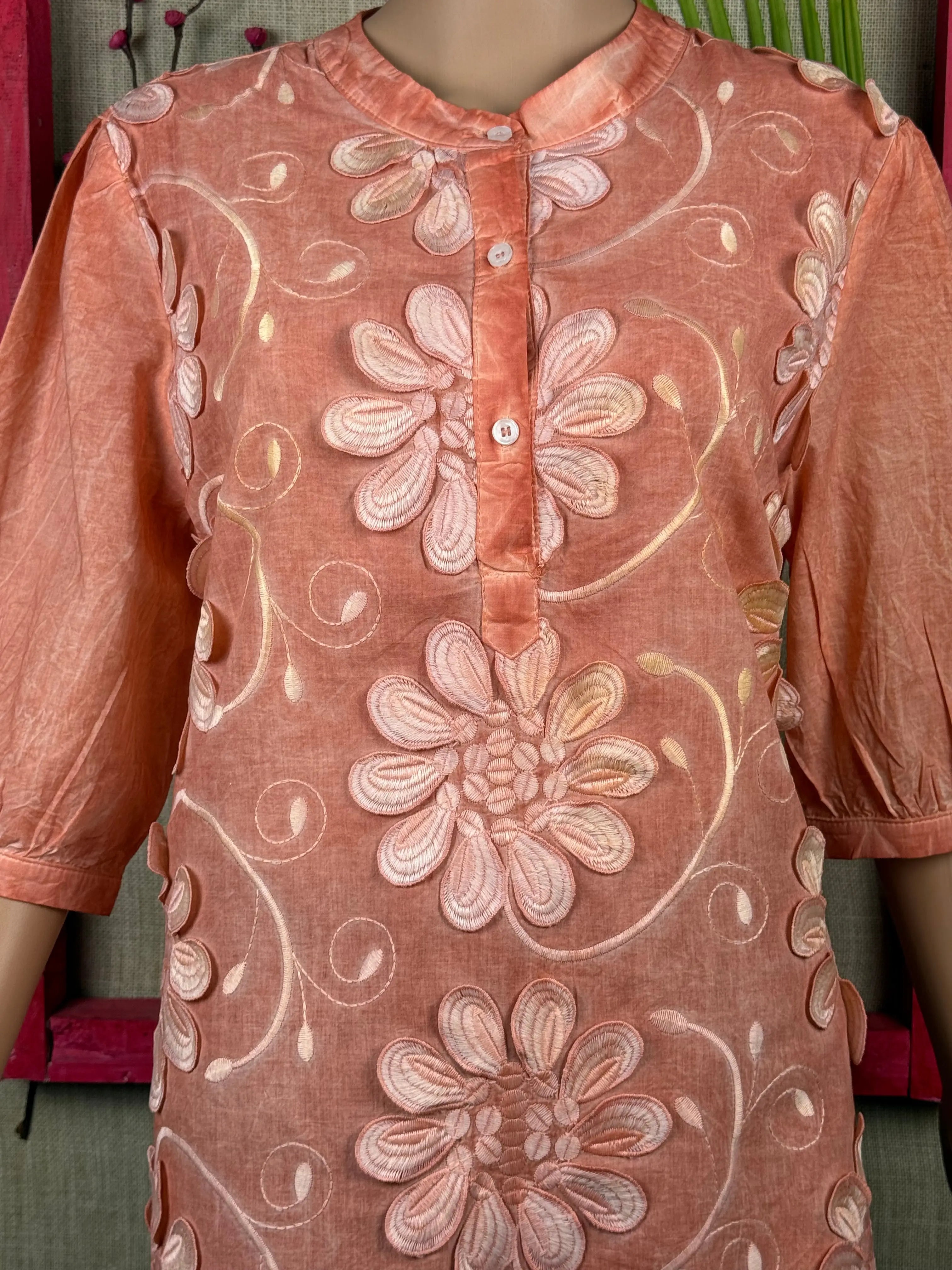 Orange Floral Schiffli Top With Puff Sleeves RAADVI