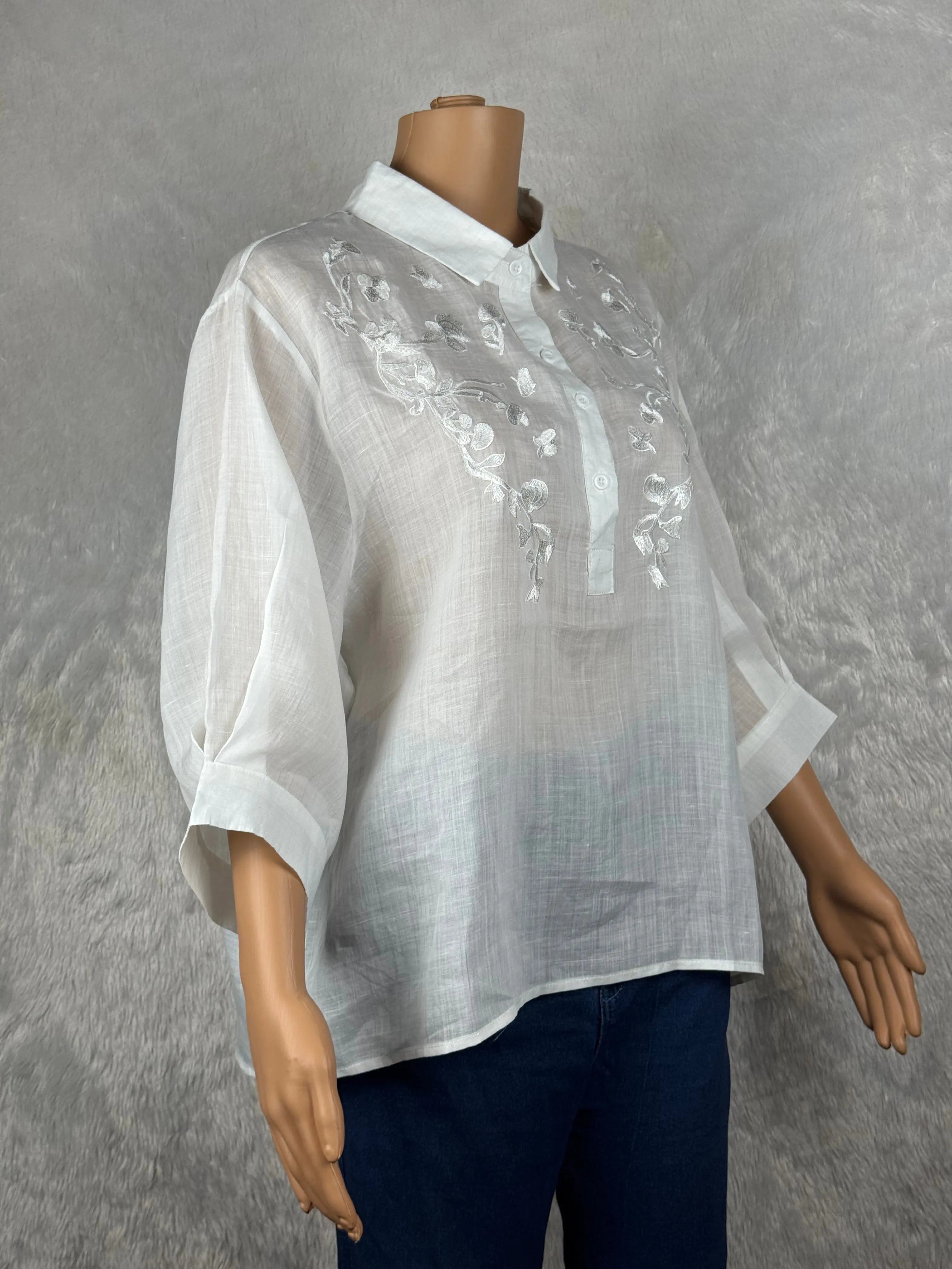White Embroidered Linen Top RAADVI