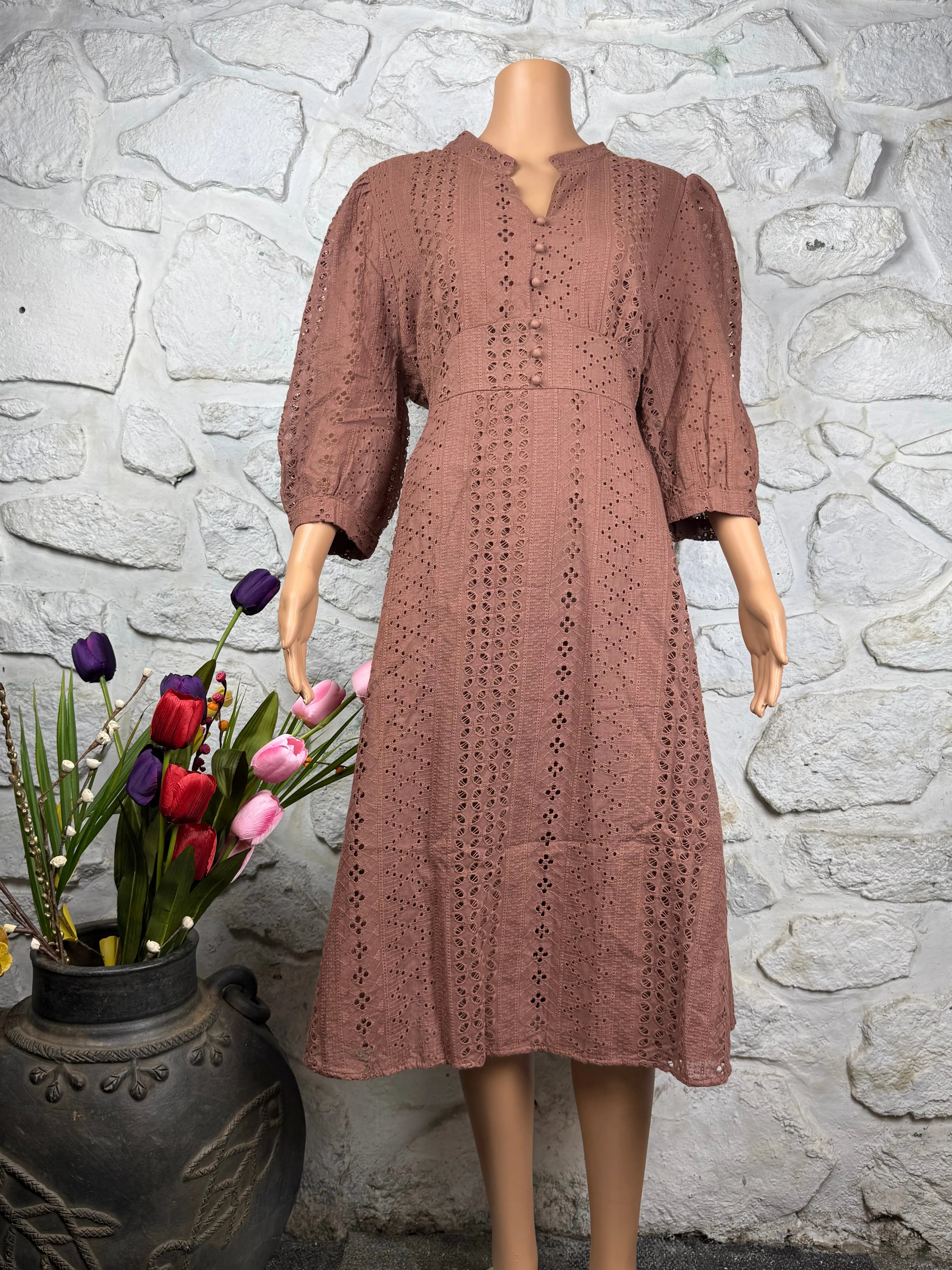 Eyelet Brown Schiffli Embroidered A-Line Dress RAADVI