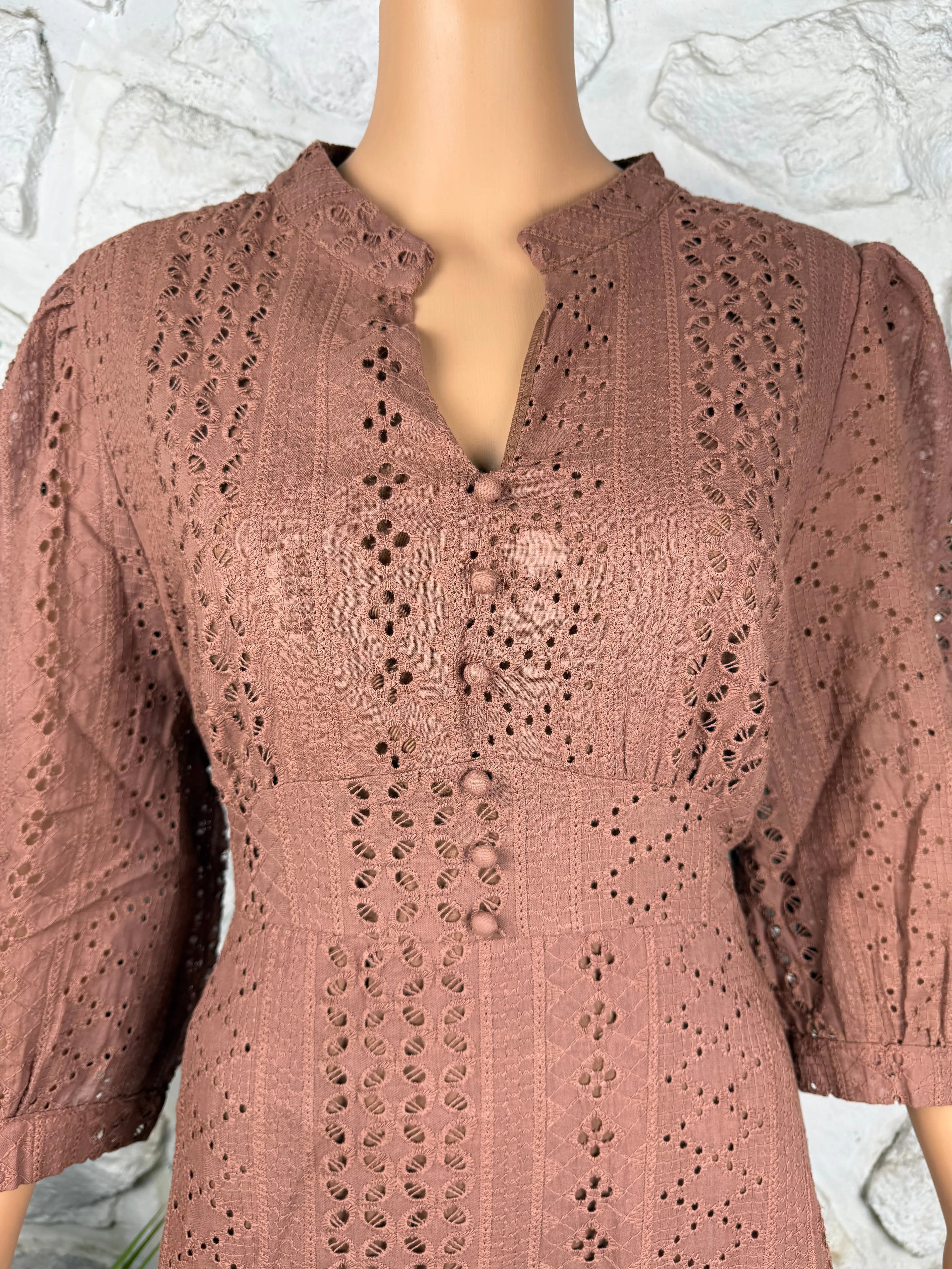 Eyelet Brown Schiffli Embroidered A-Line Dress RAADVI