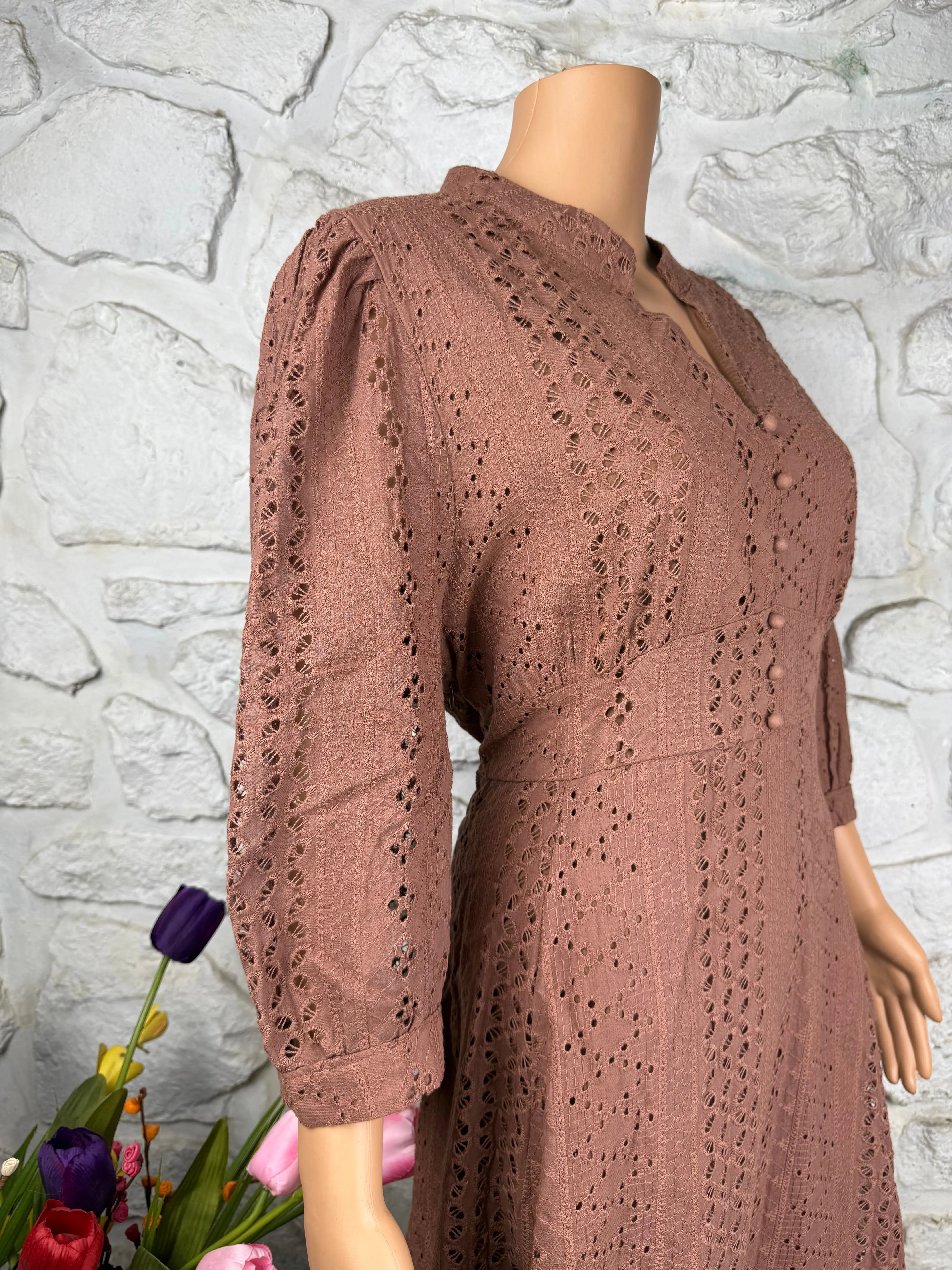 Eyelet Brown Schiffli Embroidered A-Line Dress RAADVI