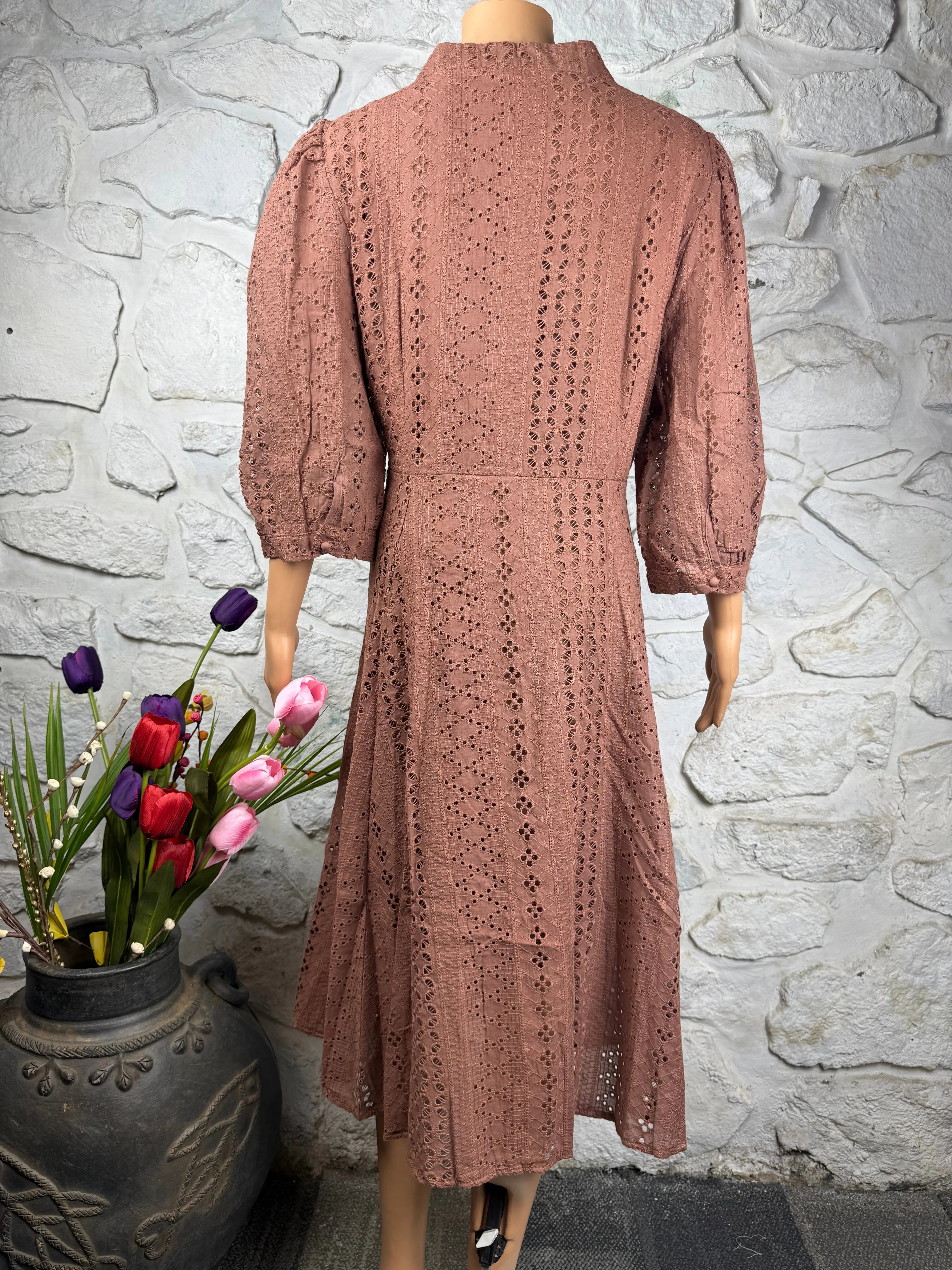 Eyelet Brown Schiffli Embroidered A-Line Dress RAADVI