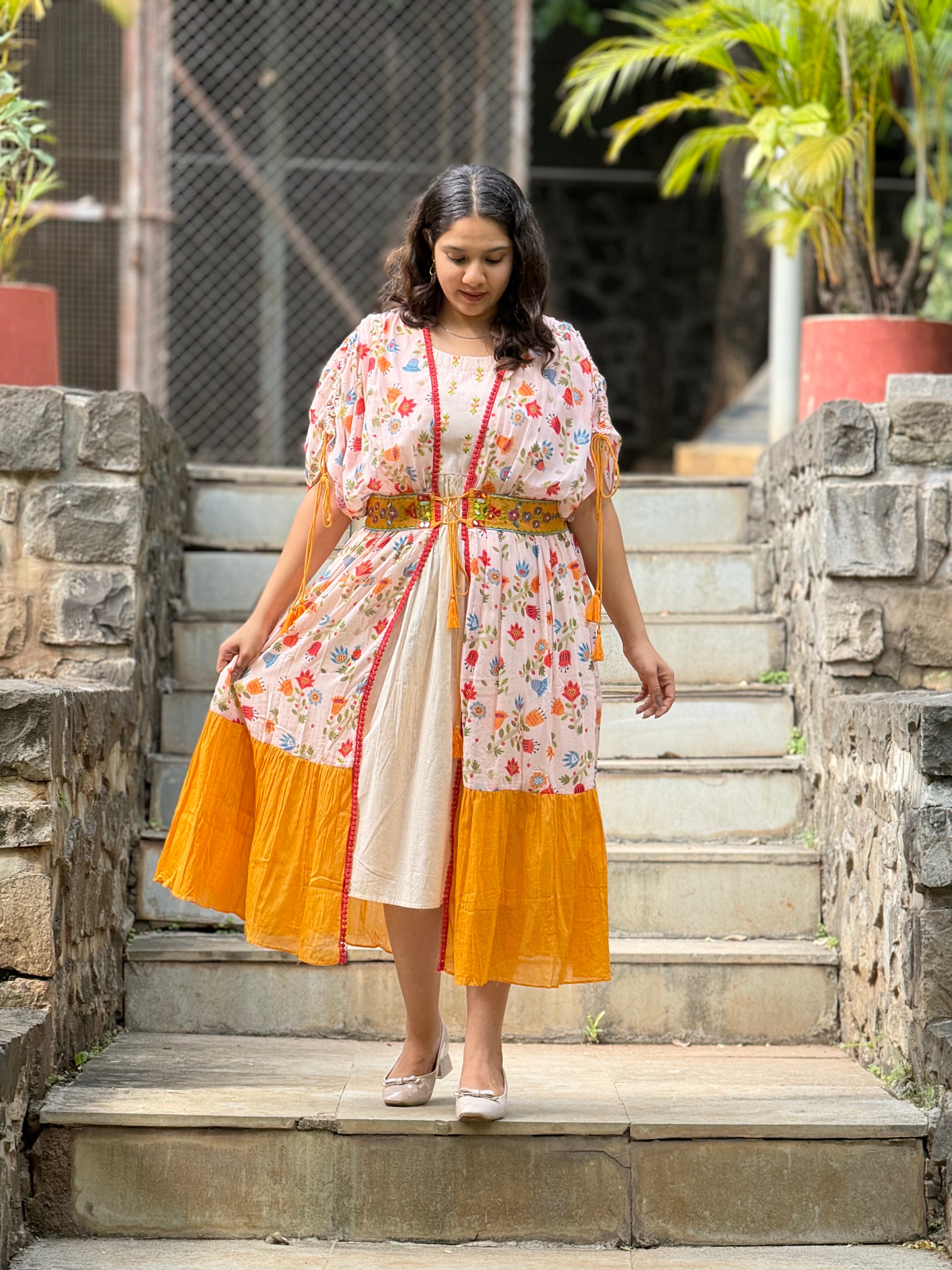 Embellished Orange Mul Cotton Dress RAADVI